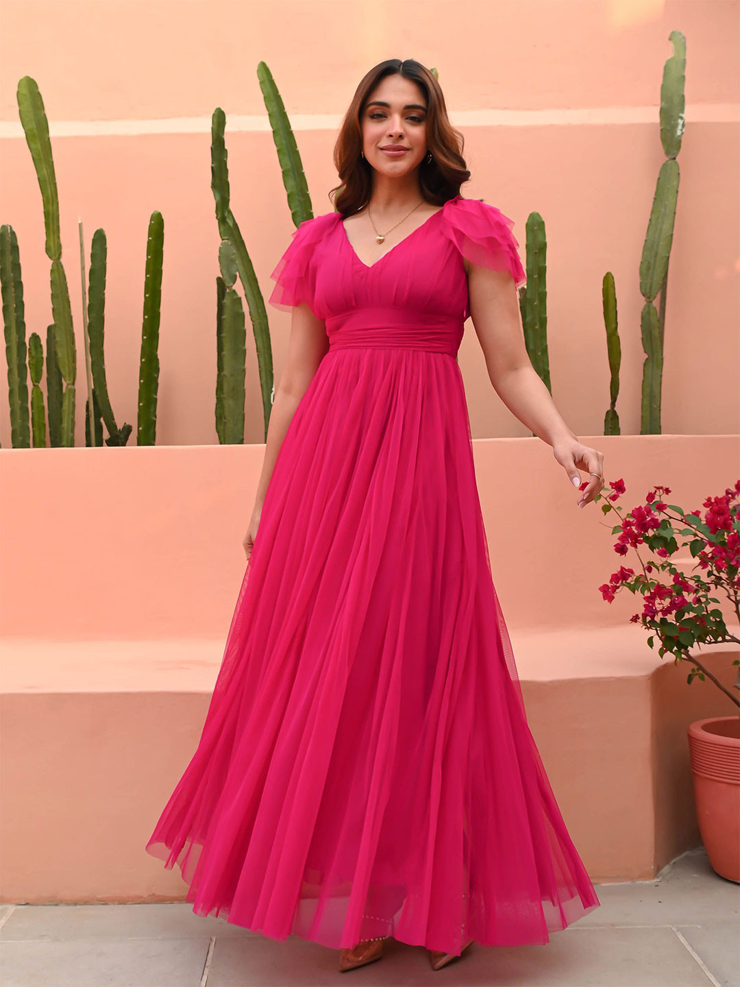 Bunaai Women Hot Pink Net Ethnic Dresses