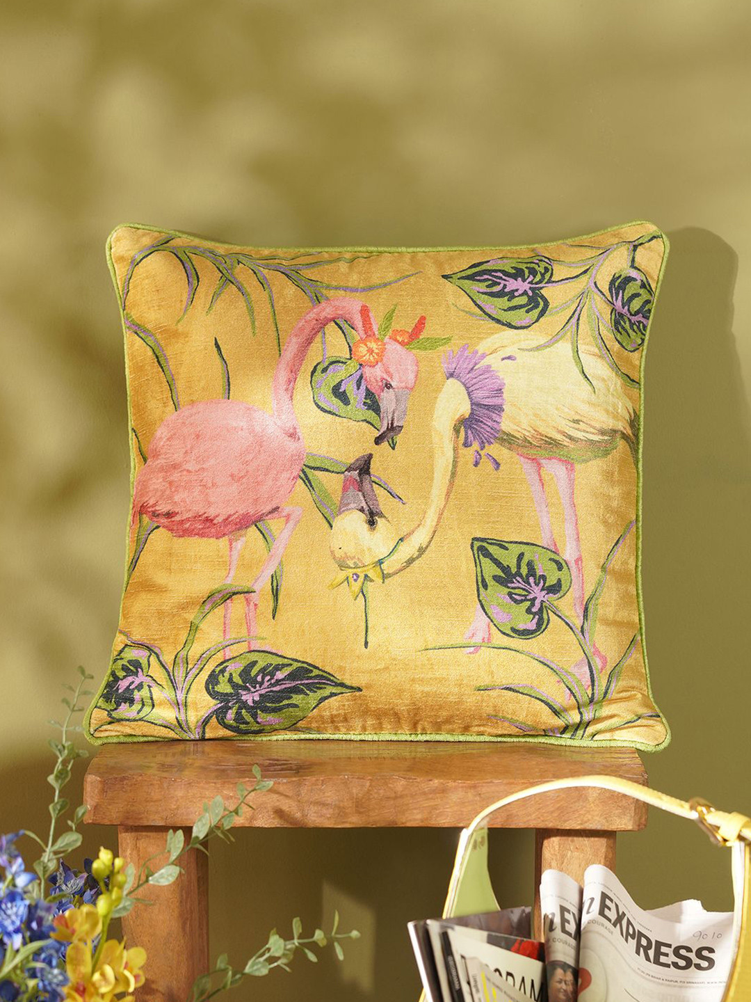 Pure Home and Living Yellow Floral Velvet Durable Square Cushion Cover - 20 x 20 Inches