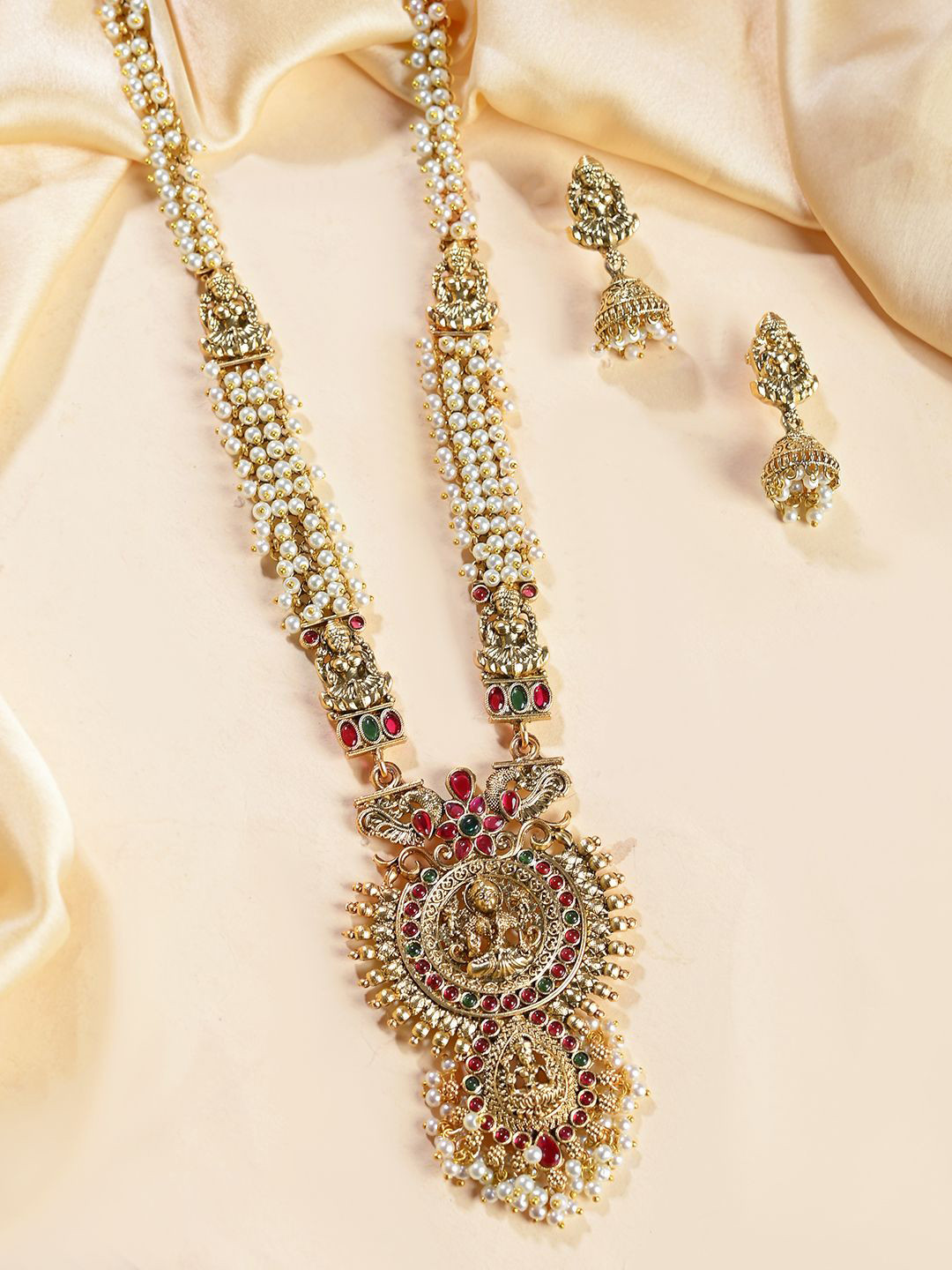 Voylla Aishwarya Gold-Plated Stone Studded & Beaded lakshmi Goddess Temple Jewellery Set