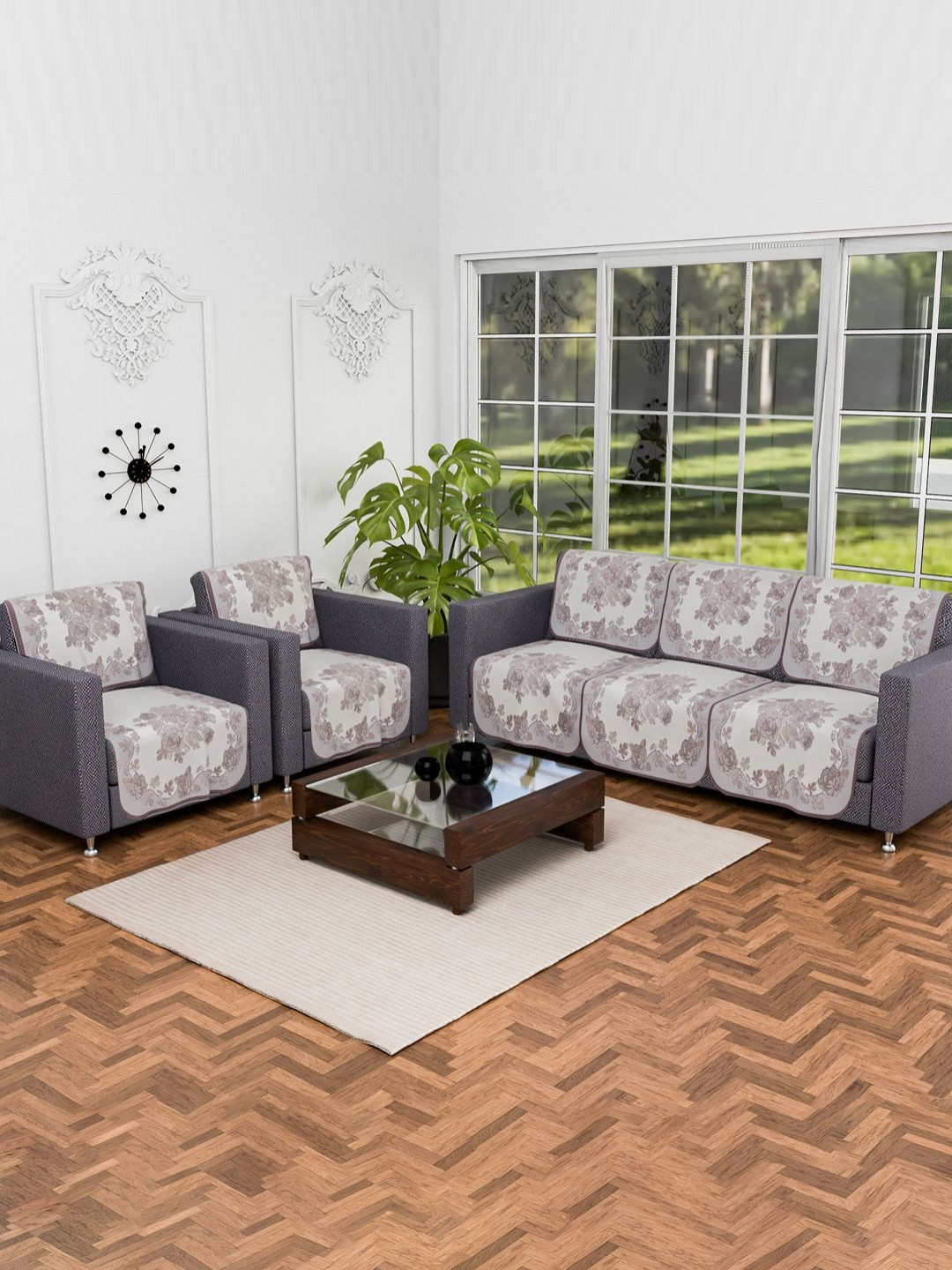 Aura Cream & Purple 10 Pieces Roses Printed 5 Seater Cotton Sofa Cover