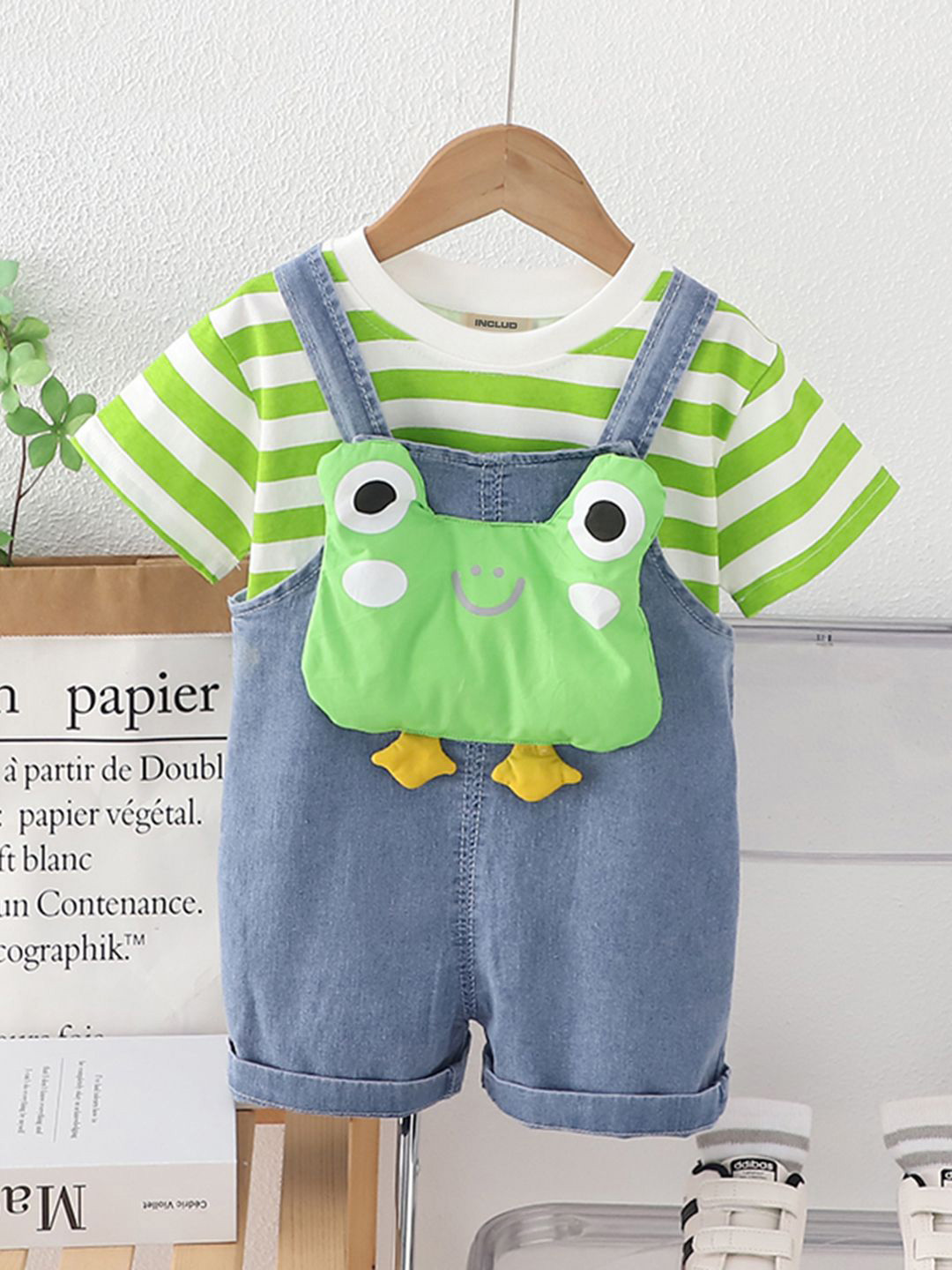 INCLUD Boys Cartoon Appliqued Denim Dungaree With Striped T-Shirt Set