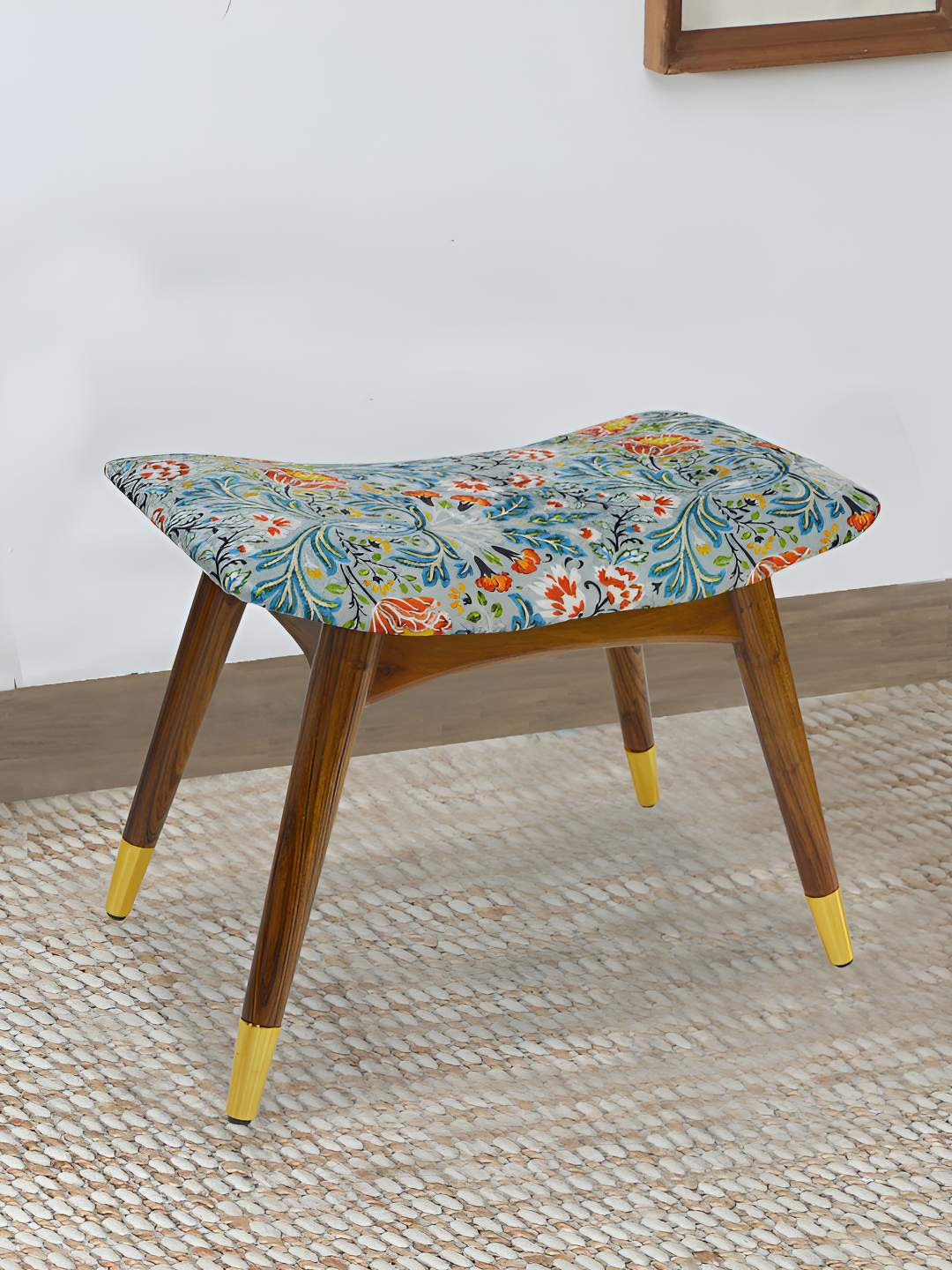 GLOBALLY INDIAN Blue Wooden Cushioned Seater Curved Bench