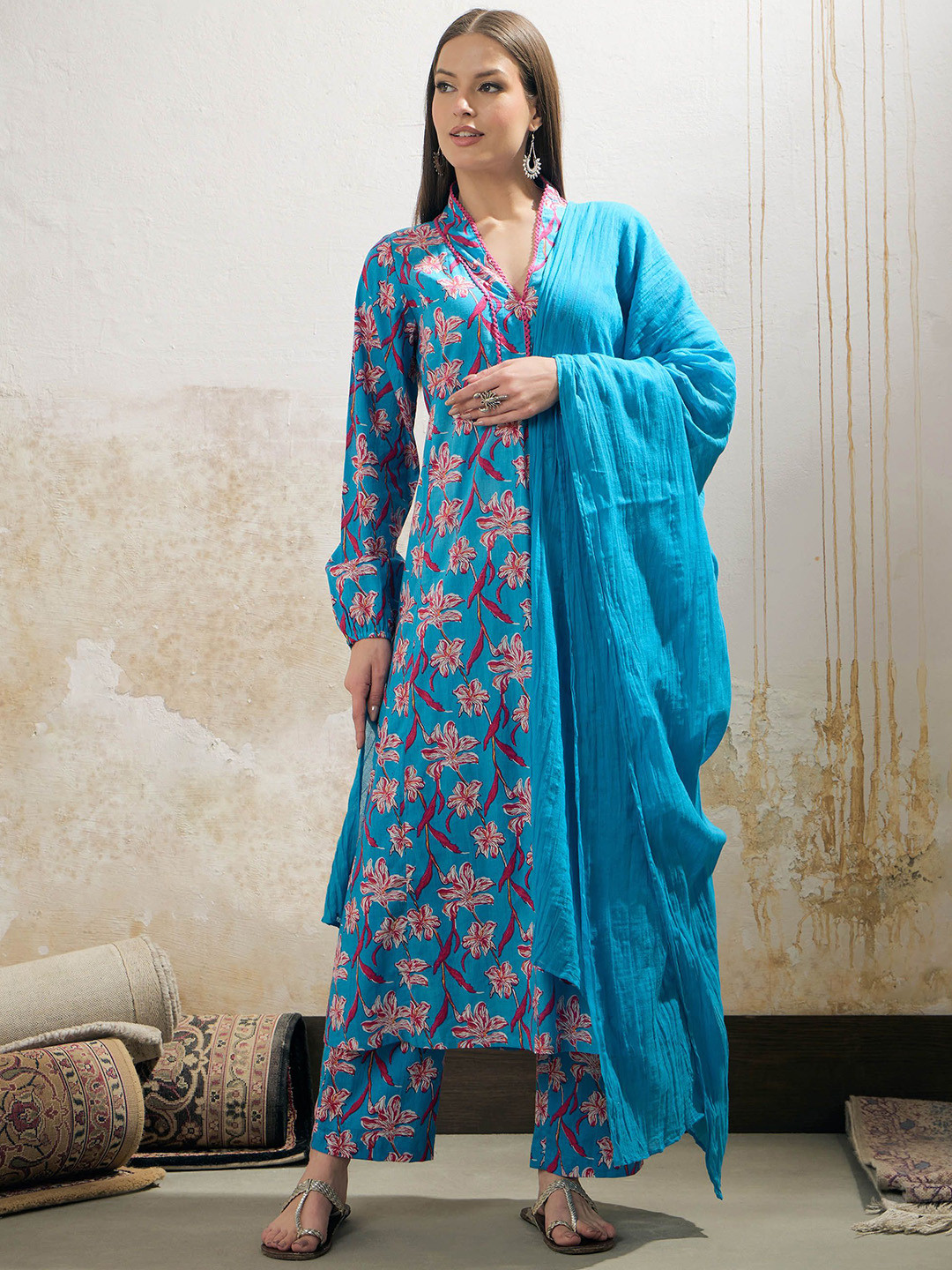 Shae by SASSAFRAS Floral Printed Pure Cotton A-Line Kurta With Palazzos And Dupatta