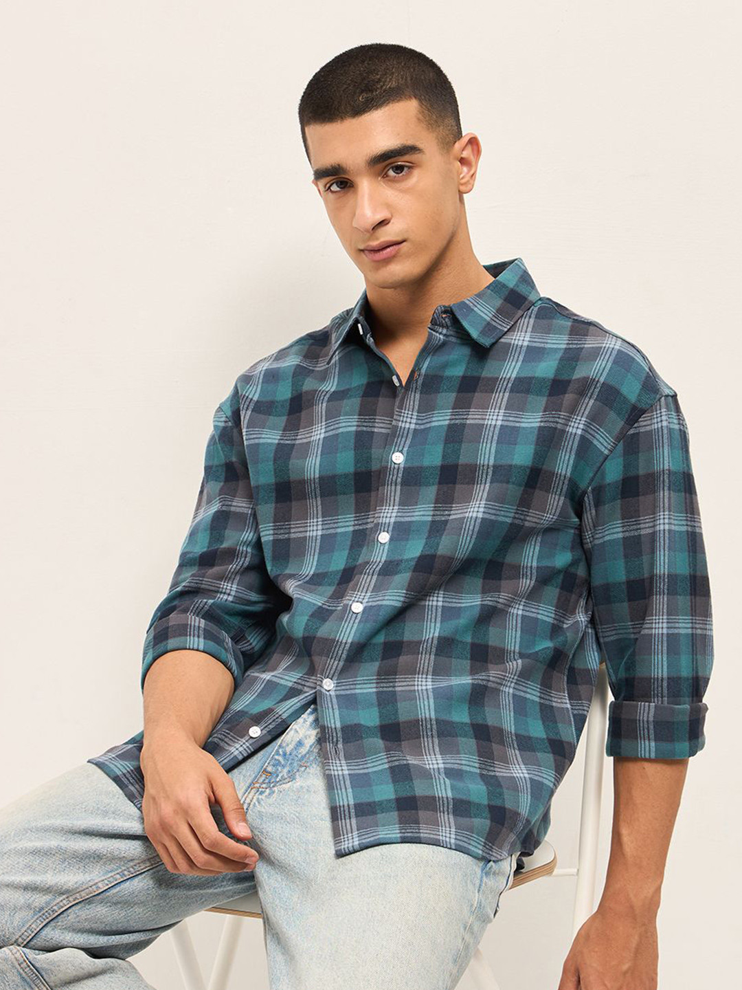 THE BEAR HOUSE Men's Pure Cotton Checked Relaxed Fit Overshirt