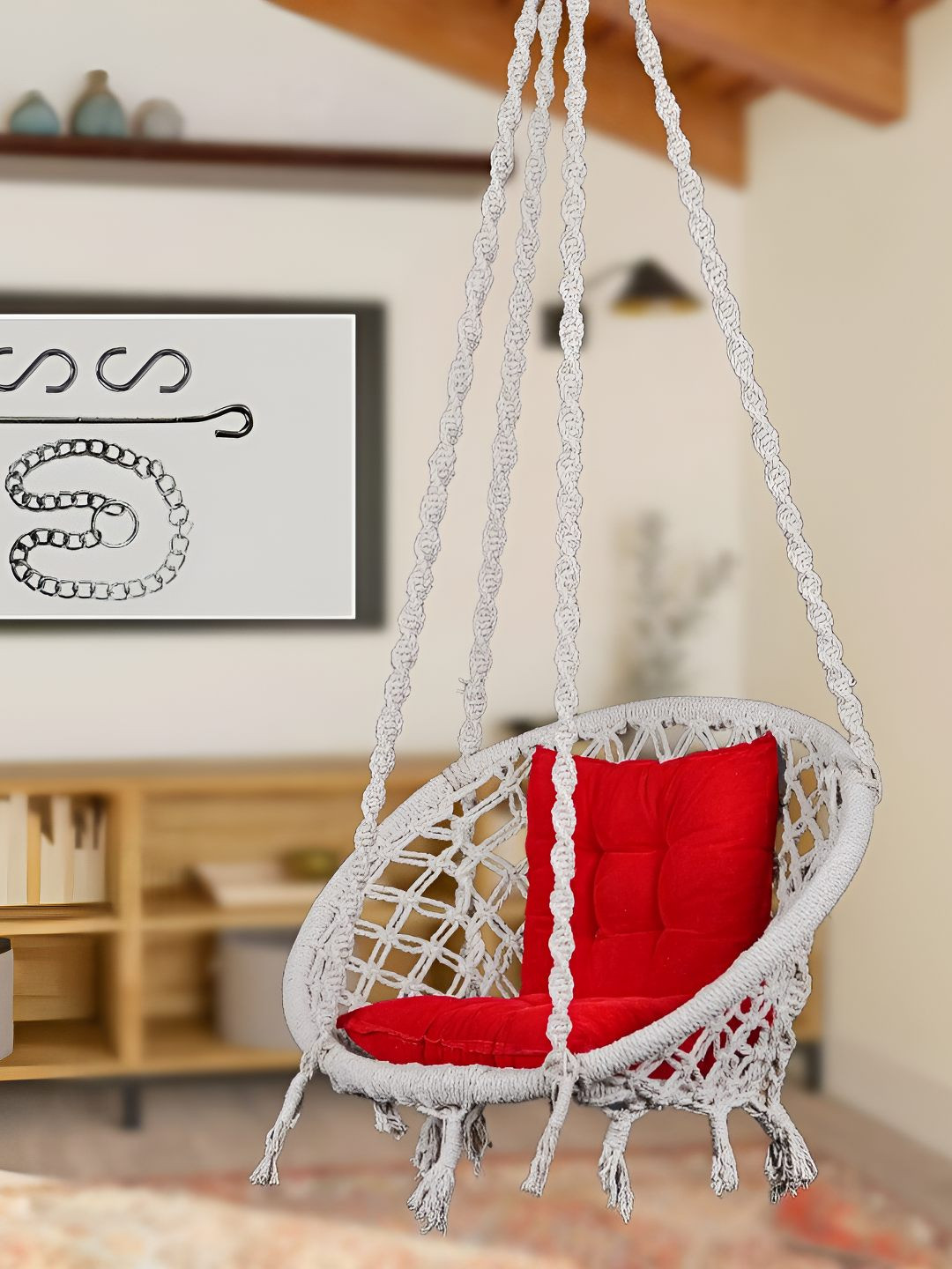 Swingzy White & Red Hanging Hammock Cotton Swing With Cushion