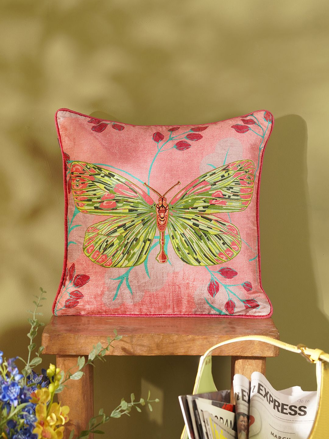 Pure Home and Living Pink Conversational Velvet Durable Square Cushion Cover -18x18In