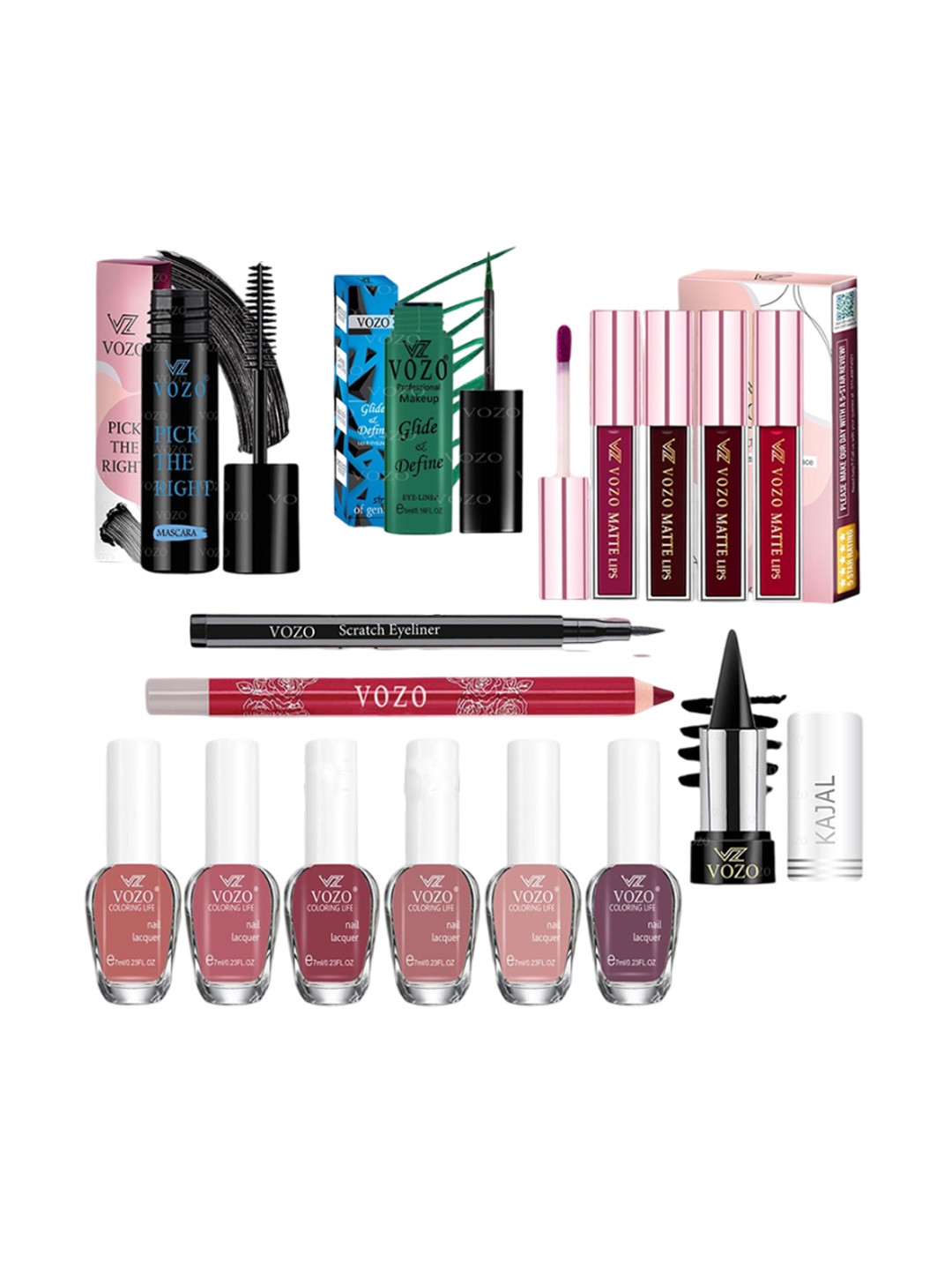 VOZO Set Of 7 Complete Glam Mascara, Lipstick, Nail Polish & Kajal - Combo 04