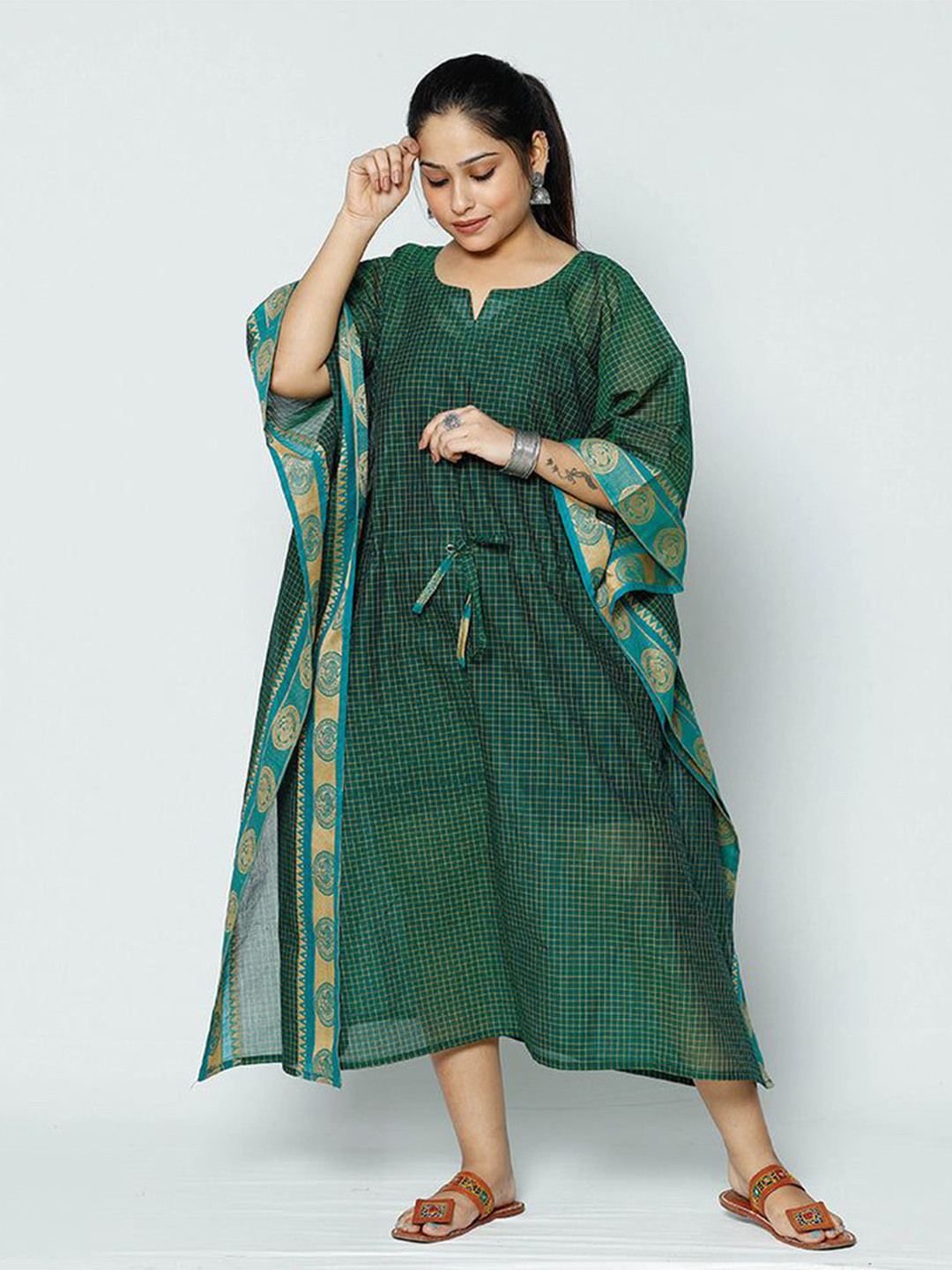 iTokri Women Checked Print Kimono Sleeves A-Line Kaftan Dress