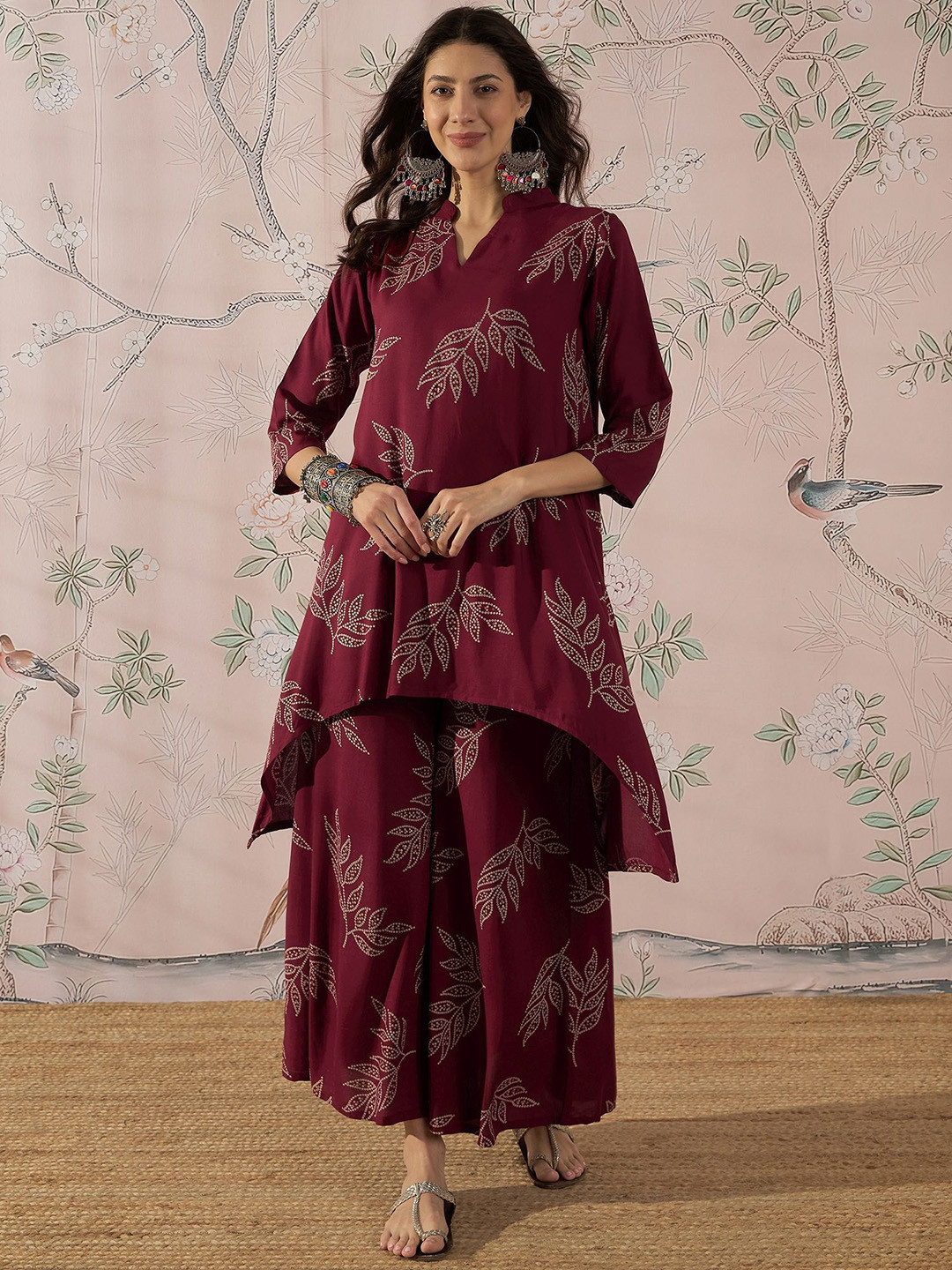 InWeave Bandhani Printed Mandarin Collar A-Line Kurta With Palazzo