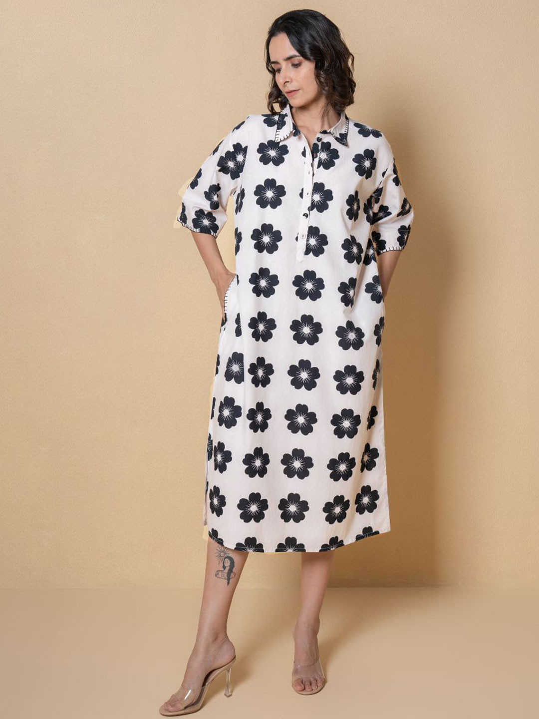 Kameez by Pooja Kejriwal Women Floral Print Monochrome Shirt Collar A-Line Midi Dress