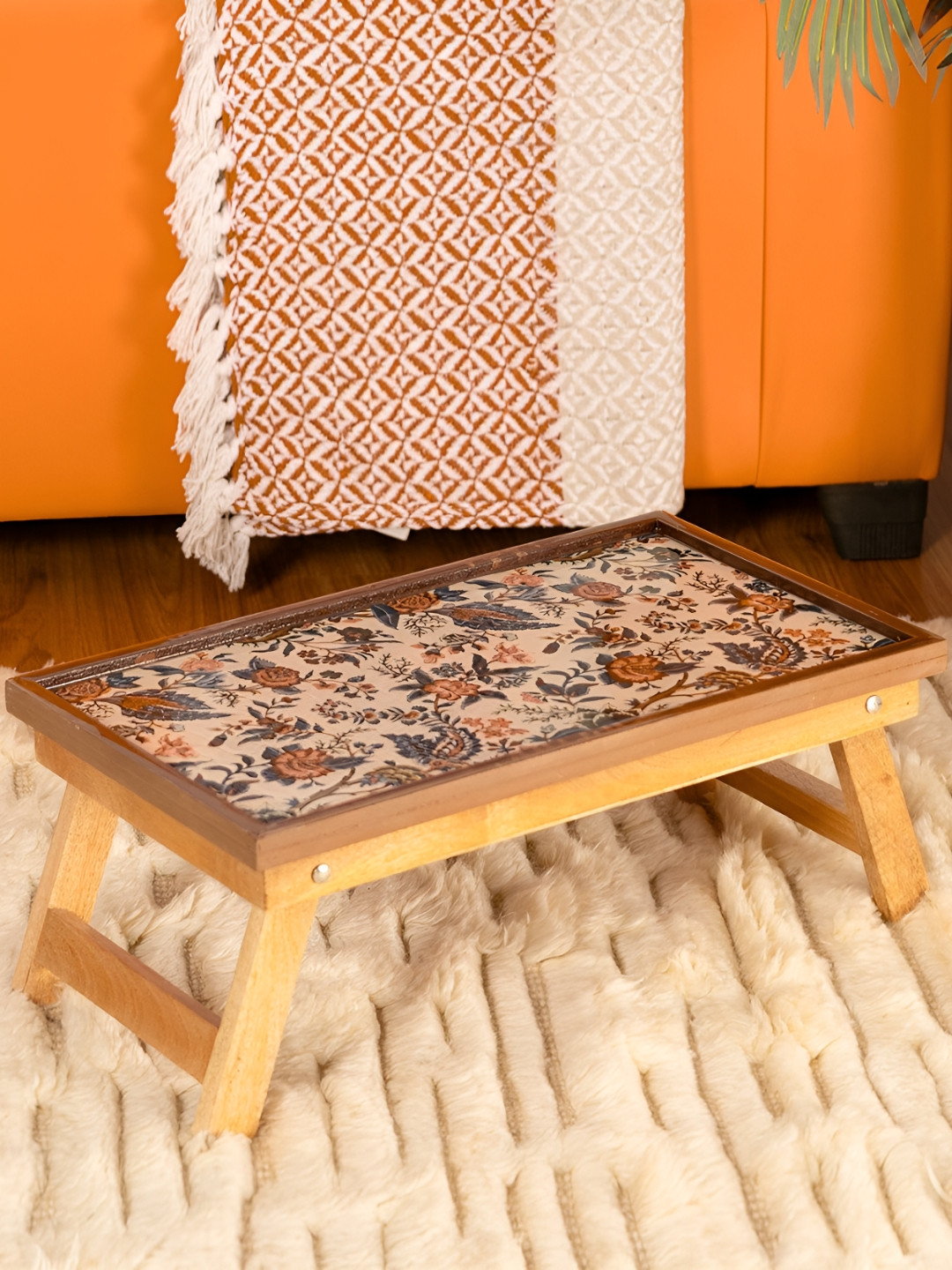 THREADVIBE LIVING Beige & White Floral Printed Wooden Foldable Laptop Table