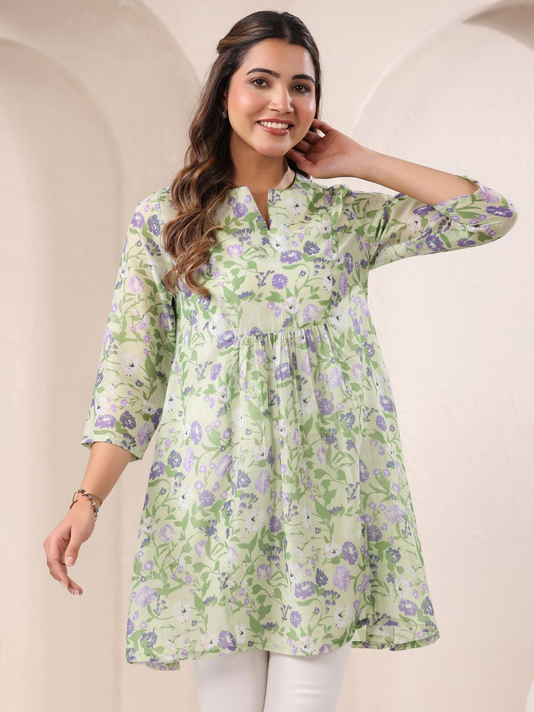 Janasya Women Green Pure Cotton Floral Printed A-Line Short Tunic