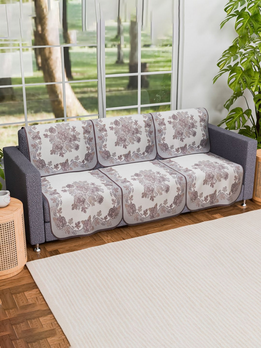 Aura Cream & Grey 6 Pieces Roses Printed 2+1 Seater Cotton Sofa Cover