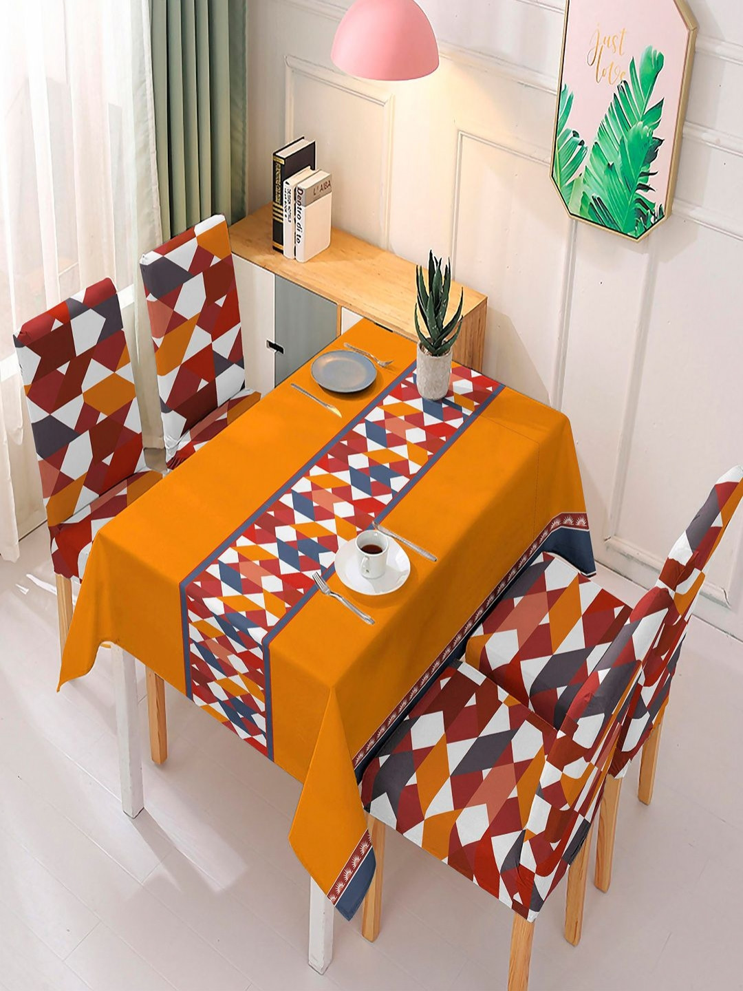 HOKIPO Pack of 5 Brown & Maroon Dining Chair Covers With Matching Tablecloth