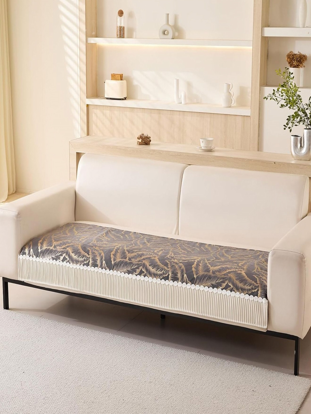 HOUSE OF QUIRK Four Seater Leaf Pattern Chenille Fabric Stretch Seat Sofa Mat