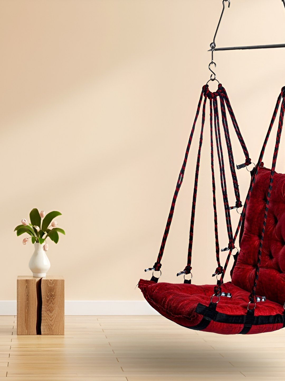Swingzy Red Textured Leather Velvet Hammock Swing With Cushion