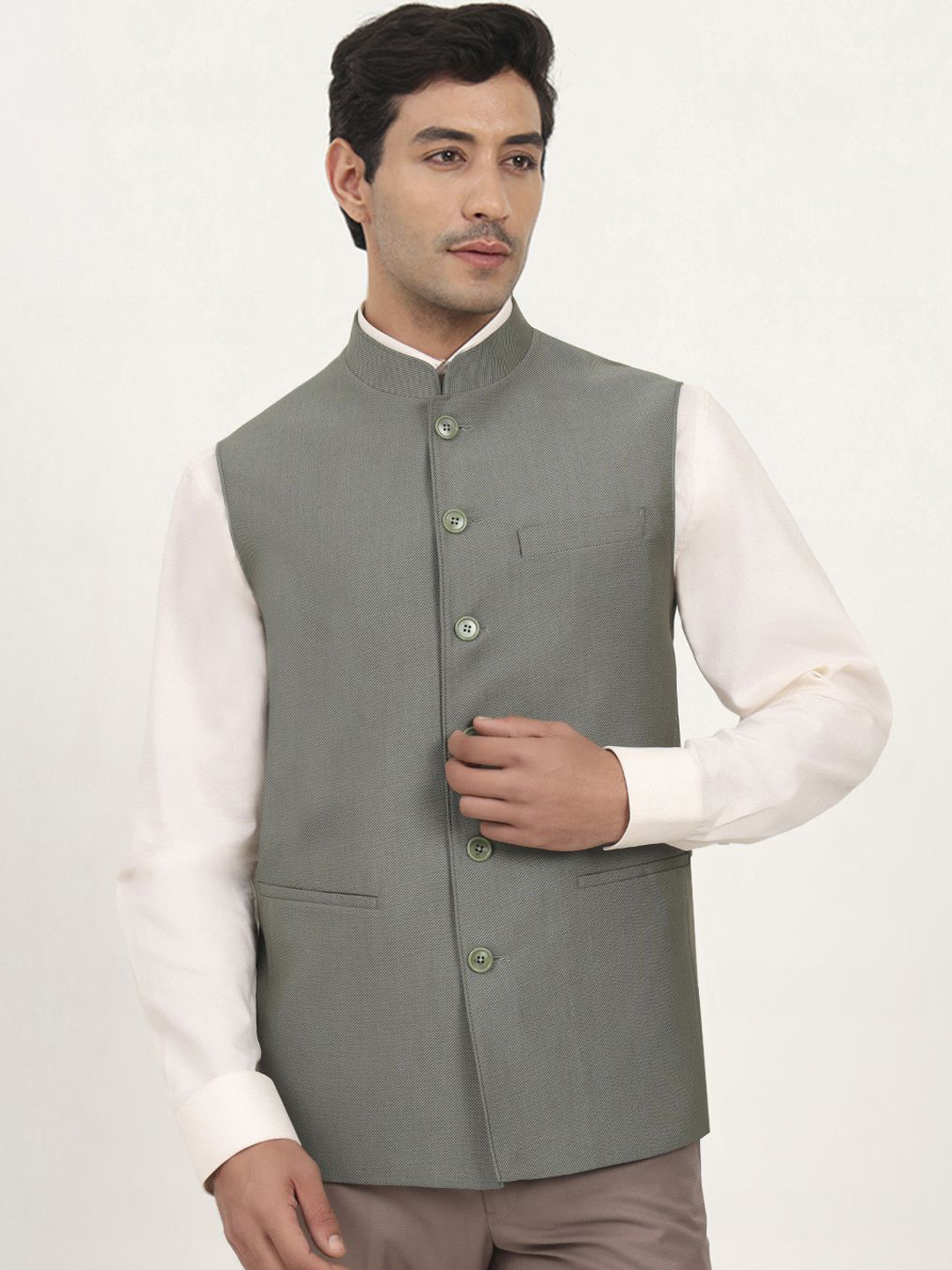 MODI JACKET Men Solid Zip Detail Mandarin Collar Tailored Jacket