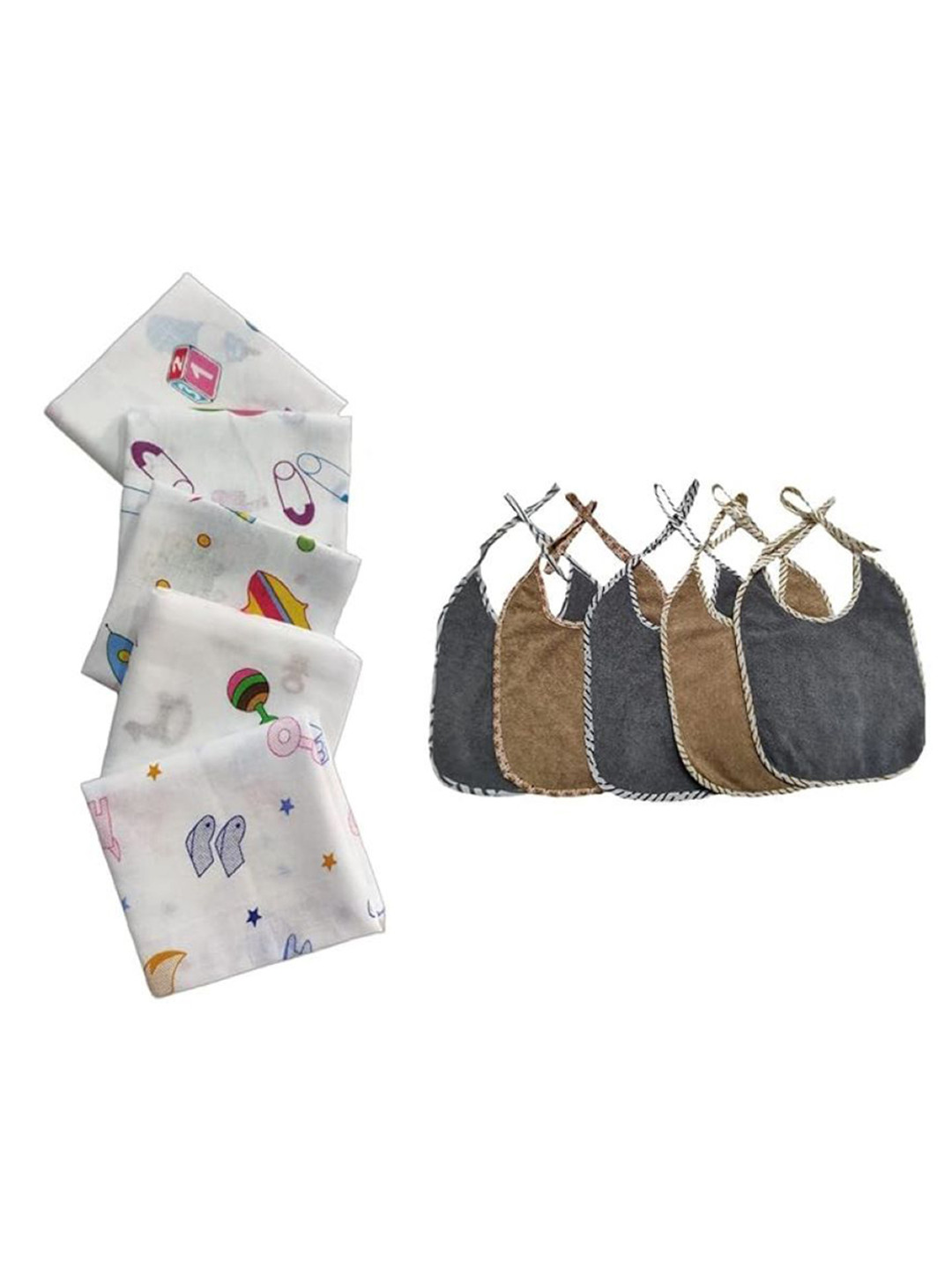 Trance Home Linen Unisex Pack of 5 Cotton Bibs & Nursery Printed Wash Cloths