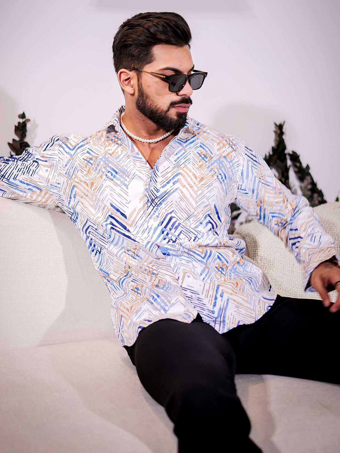 Foomer Geometric Printed Spread Collar Standard Cotton Casual Shirt