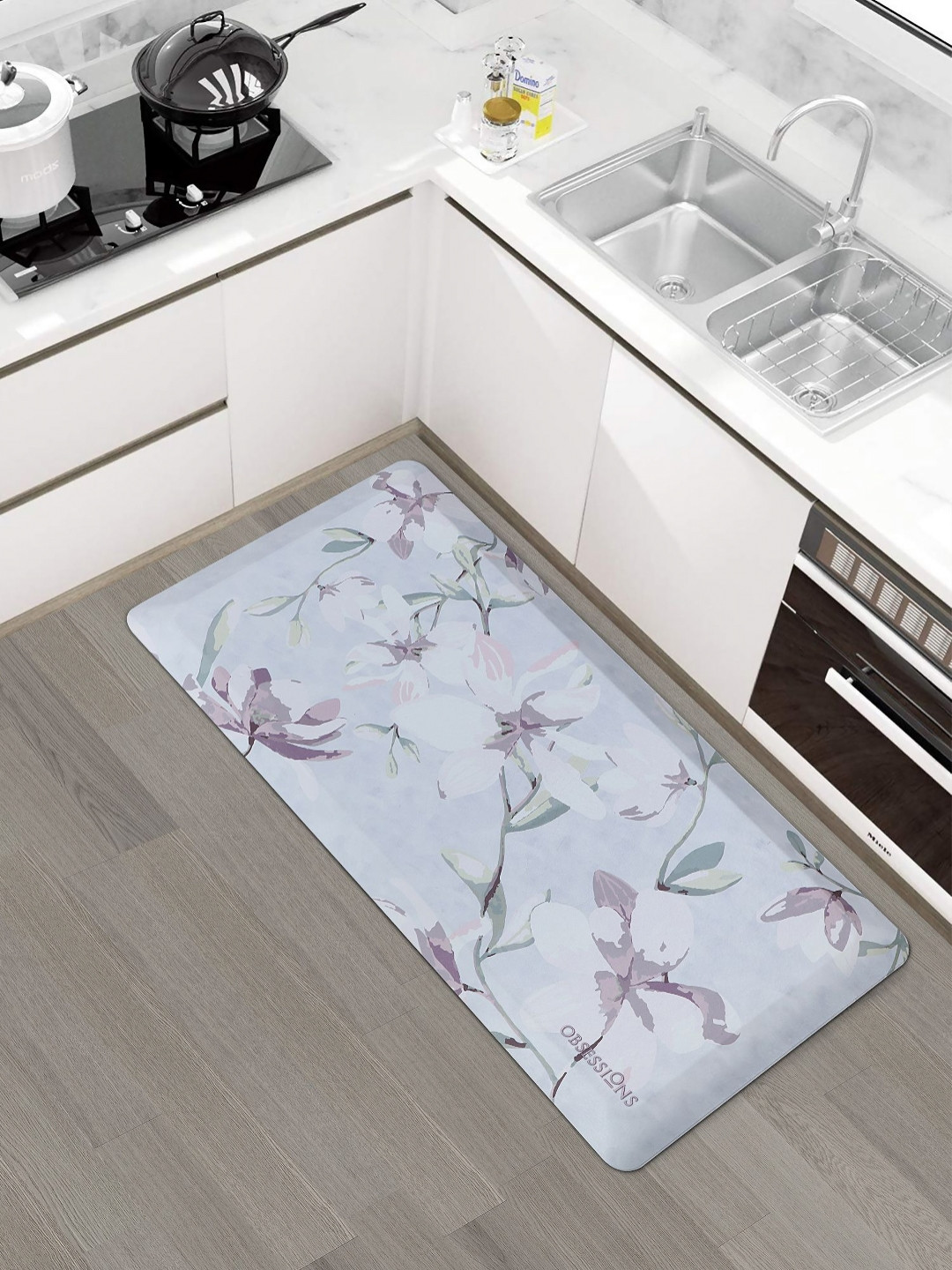 OBSESSIONS Blue And Purple Floral Printed Anti-Skid Kitchen Mat