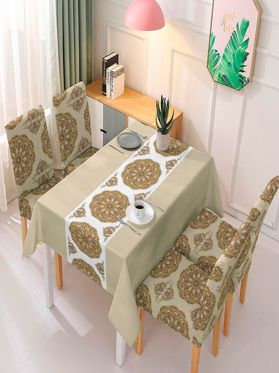 HOKIPO Brown 5 Pieces Stretchable Dining Chair Cover & Matching Tablecloth