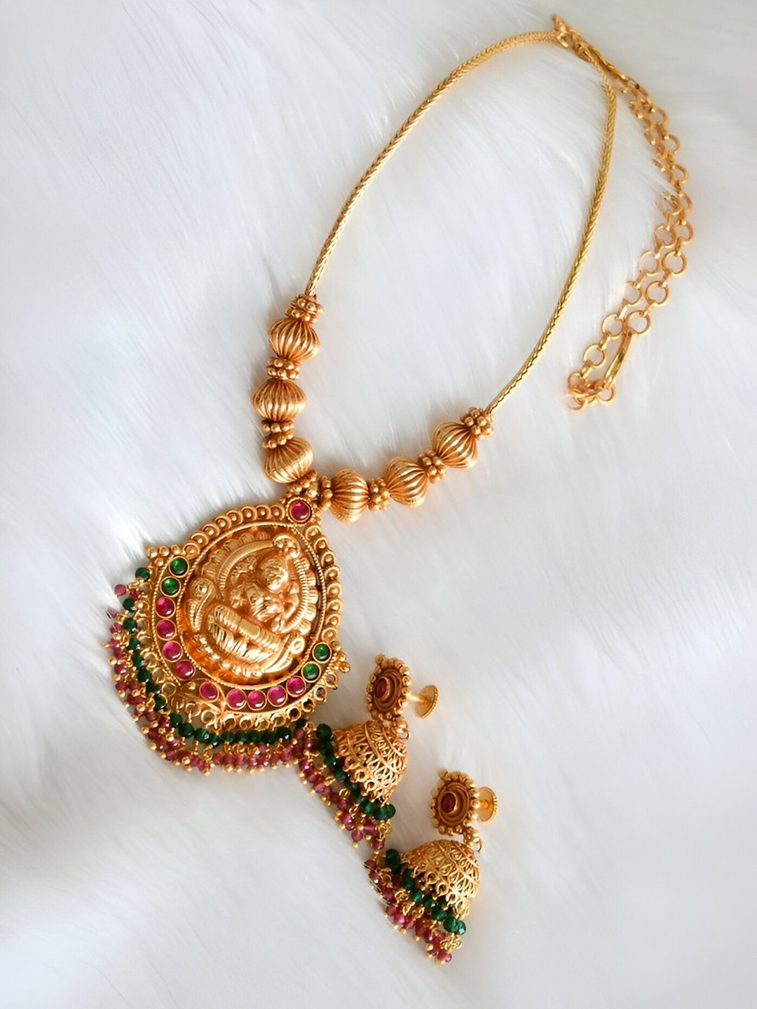 ELEGANTDREAM Gold-Plated Stone-Studded Godess Lakshmi Temple Necklace & Earrings
