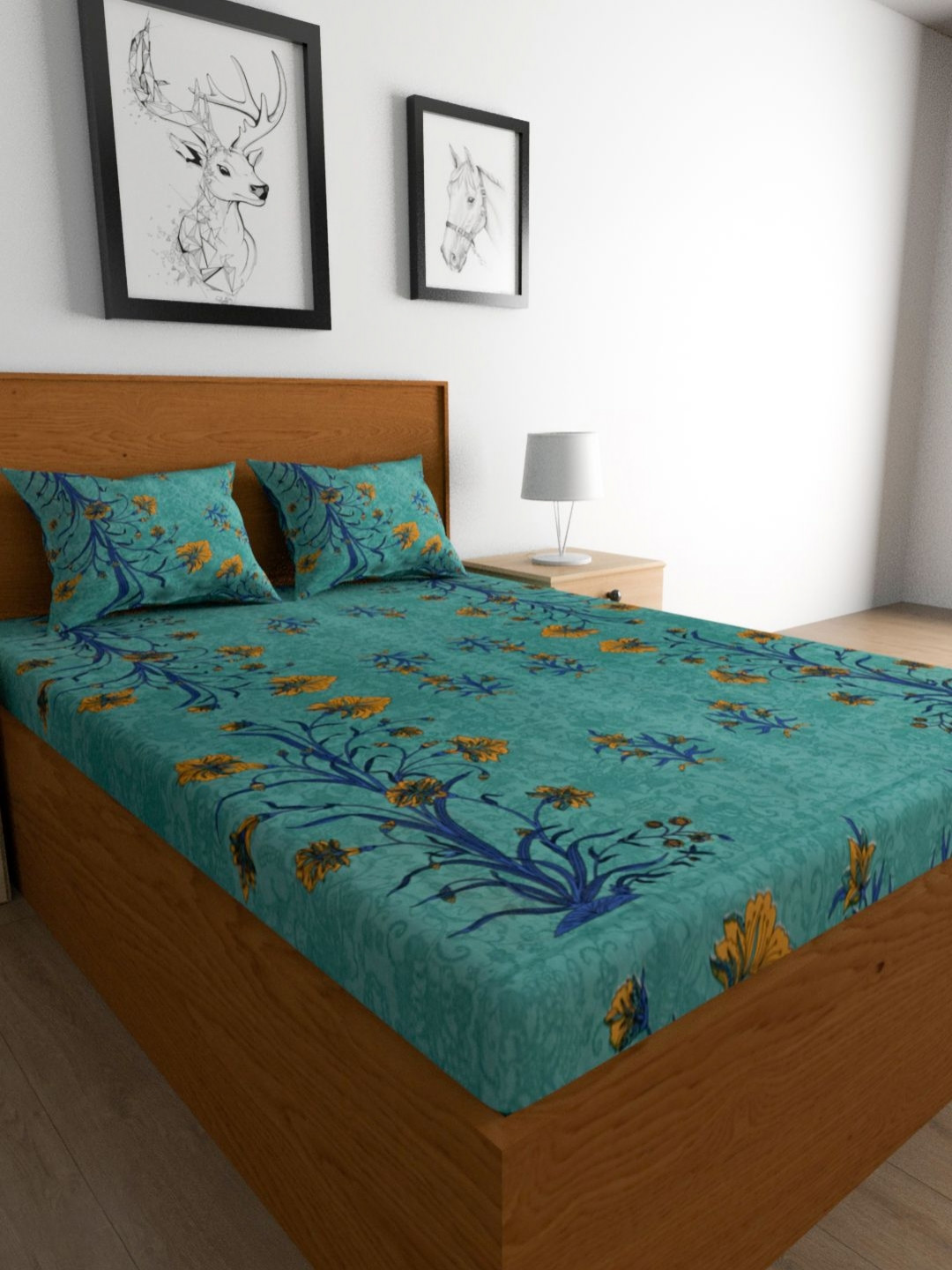 METRO LIVING Teal Floral Cotton 104 TC Fitted Queen Fine Bedsheet with 2 Pillow Covers-85 x 85 inches