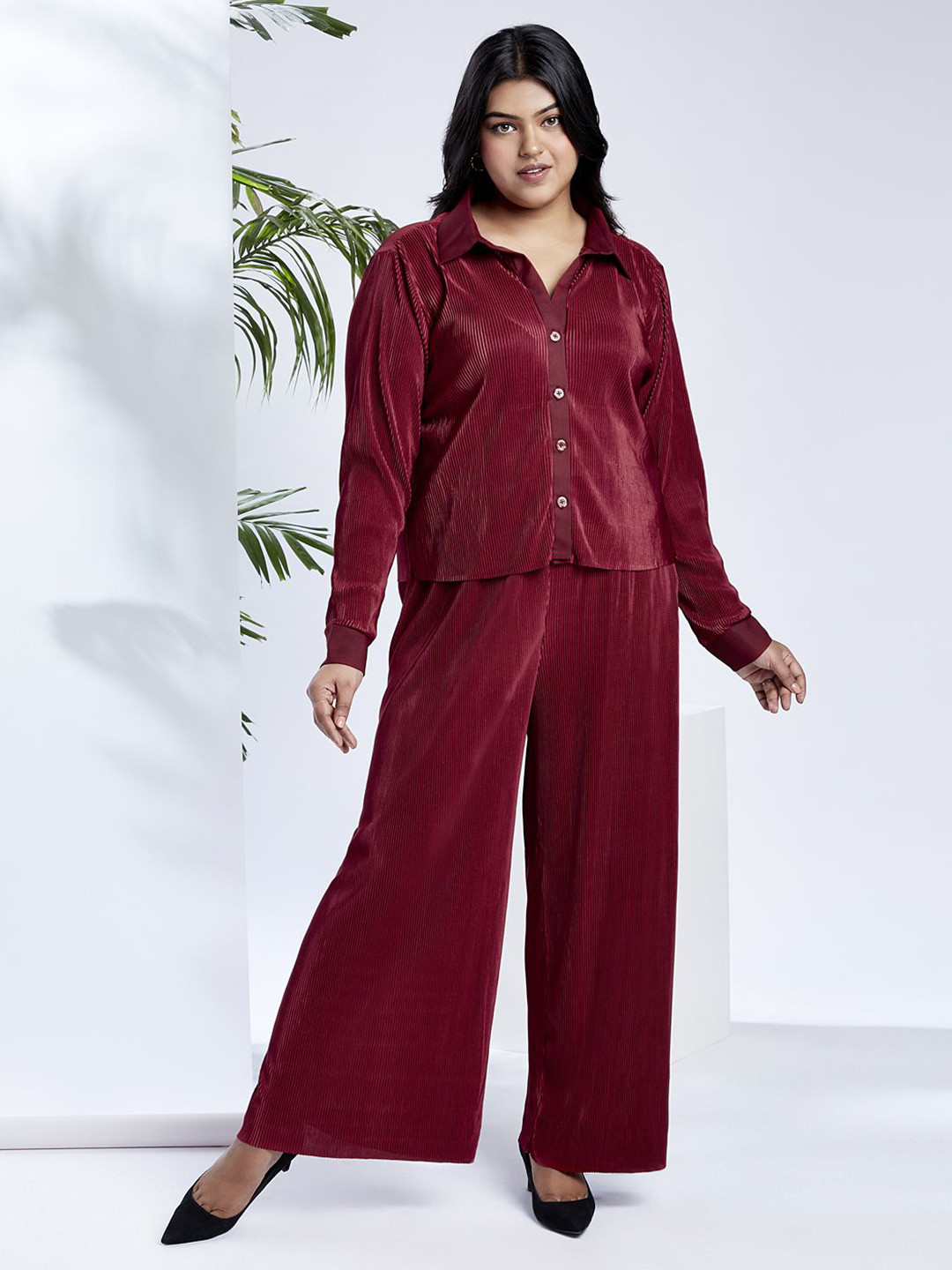 Globus Gloplus Accordian Pleats Shirt Style Top with Trousers Plus Size Party Co-Ord Set