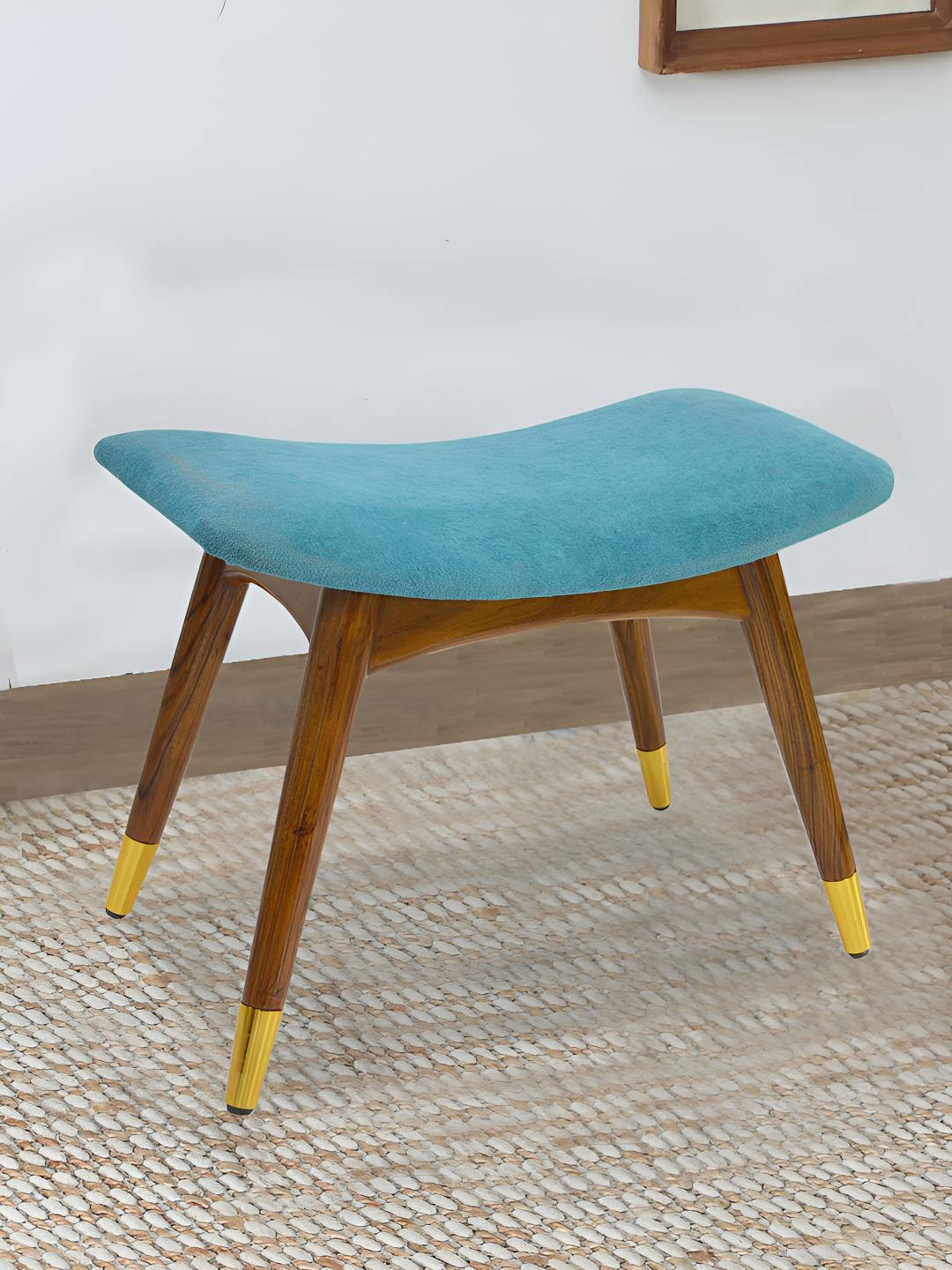 GLOBALLY INDIAN Blue & Brown Wood Stool With Velvet Cushioned Seat
