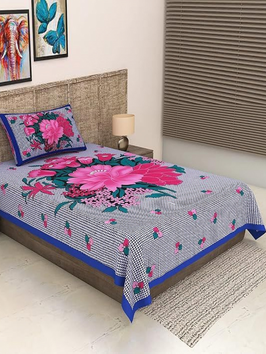 METRO LIVING Blue Floral Cotton 104 TC Single Bedsheet with a Pillow Cover-217 x 145 cm