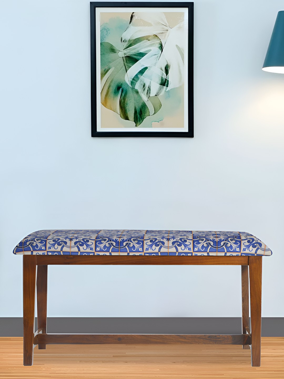 GLOBALLY INDIAN Blue & White Sheesham Wooden Cushioned Rectangle Bench