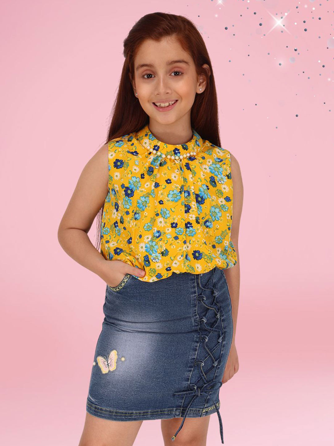 CUTECUMBER Girls Floral Print Denim Sleeveless Mini Blouson Dress