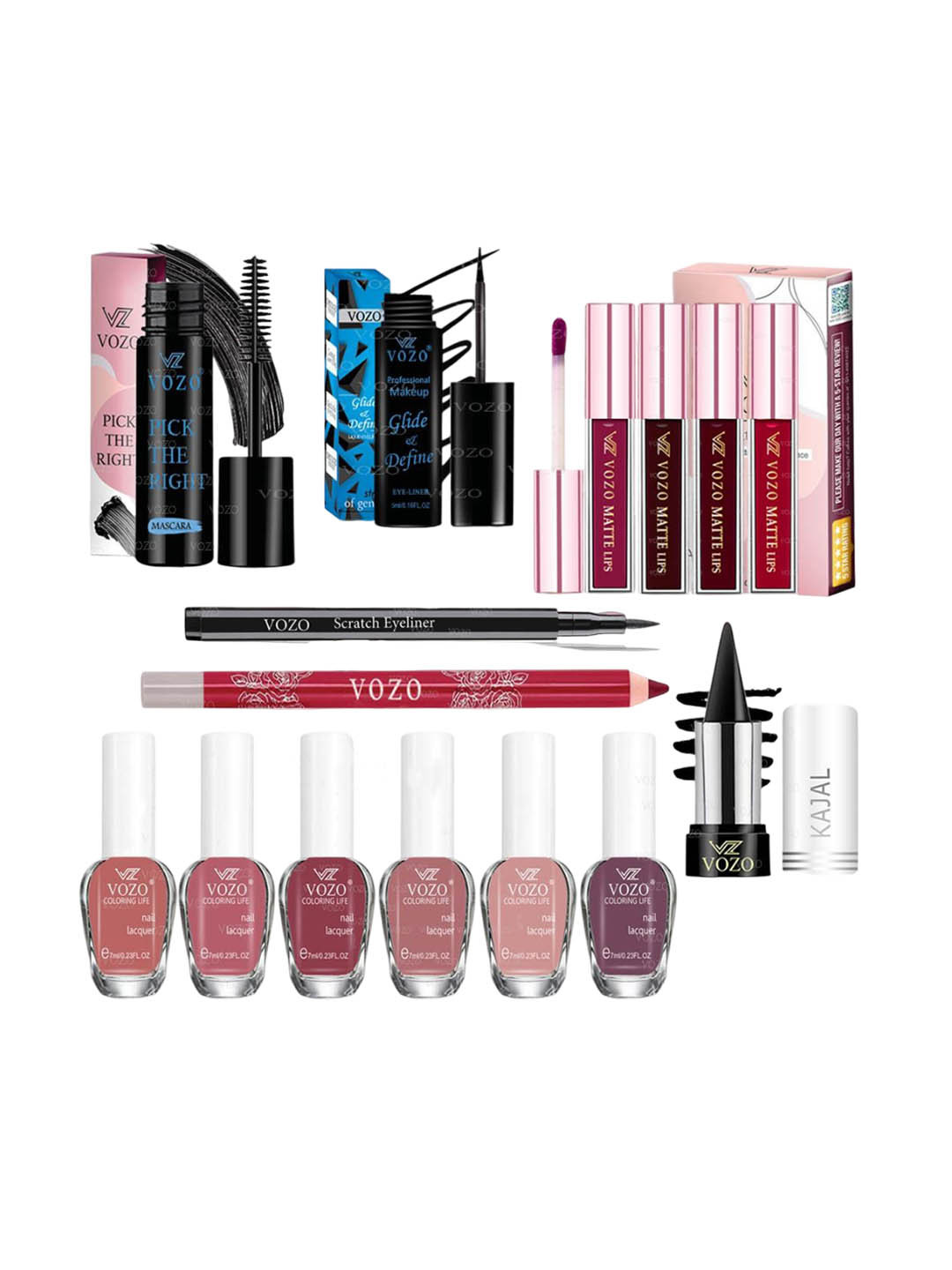 VOZO Set Of 7 Complete Glam Mascara, Lipstick, Nail Polish & Kajal - Combo 01