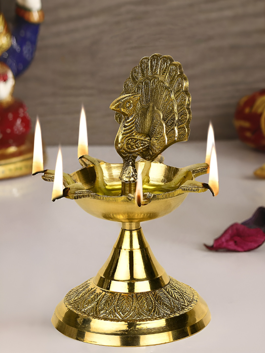StyleMyWay Golden Premium Brass Dancing Peacock Panchmukhi Diya