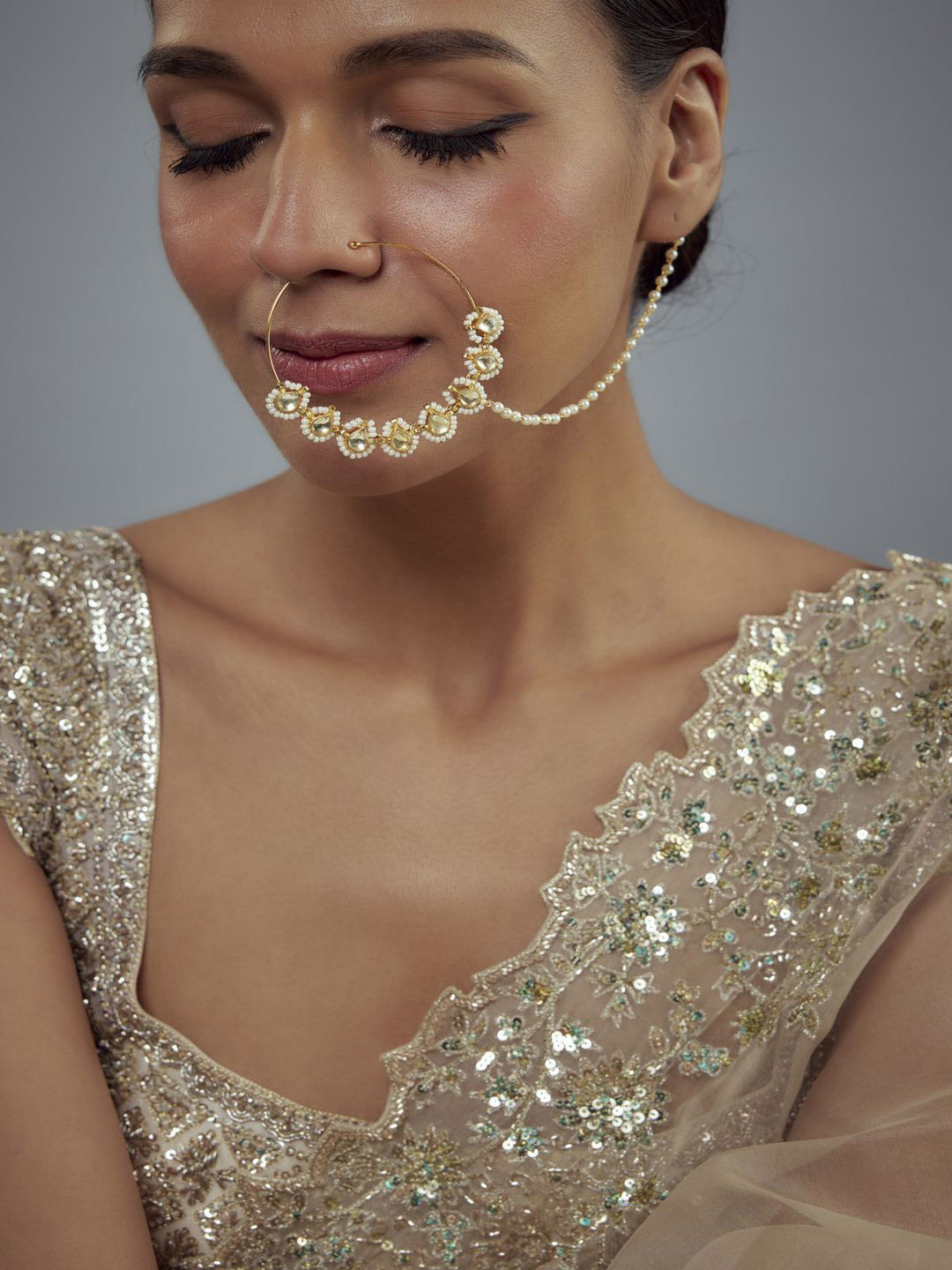 vivinia BY VIDHI MEHRA Saadgi Gold-Plated Kundan Studded Chained Nosepin