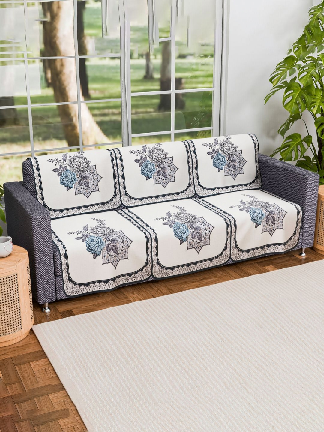 Aura Cream & Grey 6 Pieces Roses 2+1 Seater Cotton Sofa Cover
