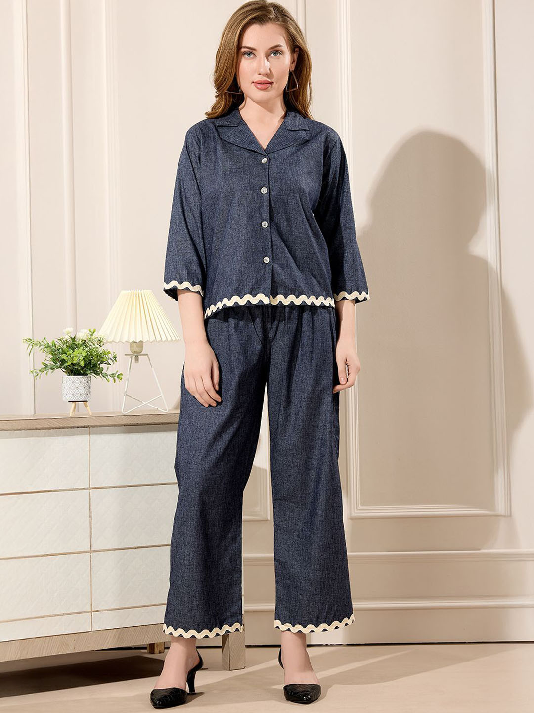 NIGHT FLOSS Three-Quarter Sleeves Pure Cotton Shirt & Palazzo