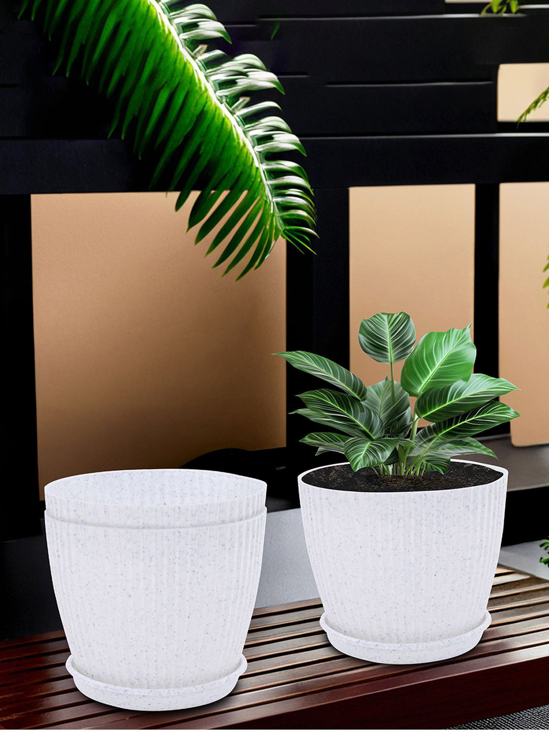 Kuber Industries White 3 Pieces Textured Water Resistance Planters With Tray