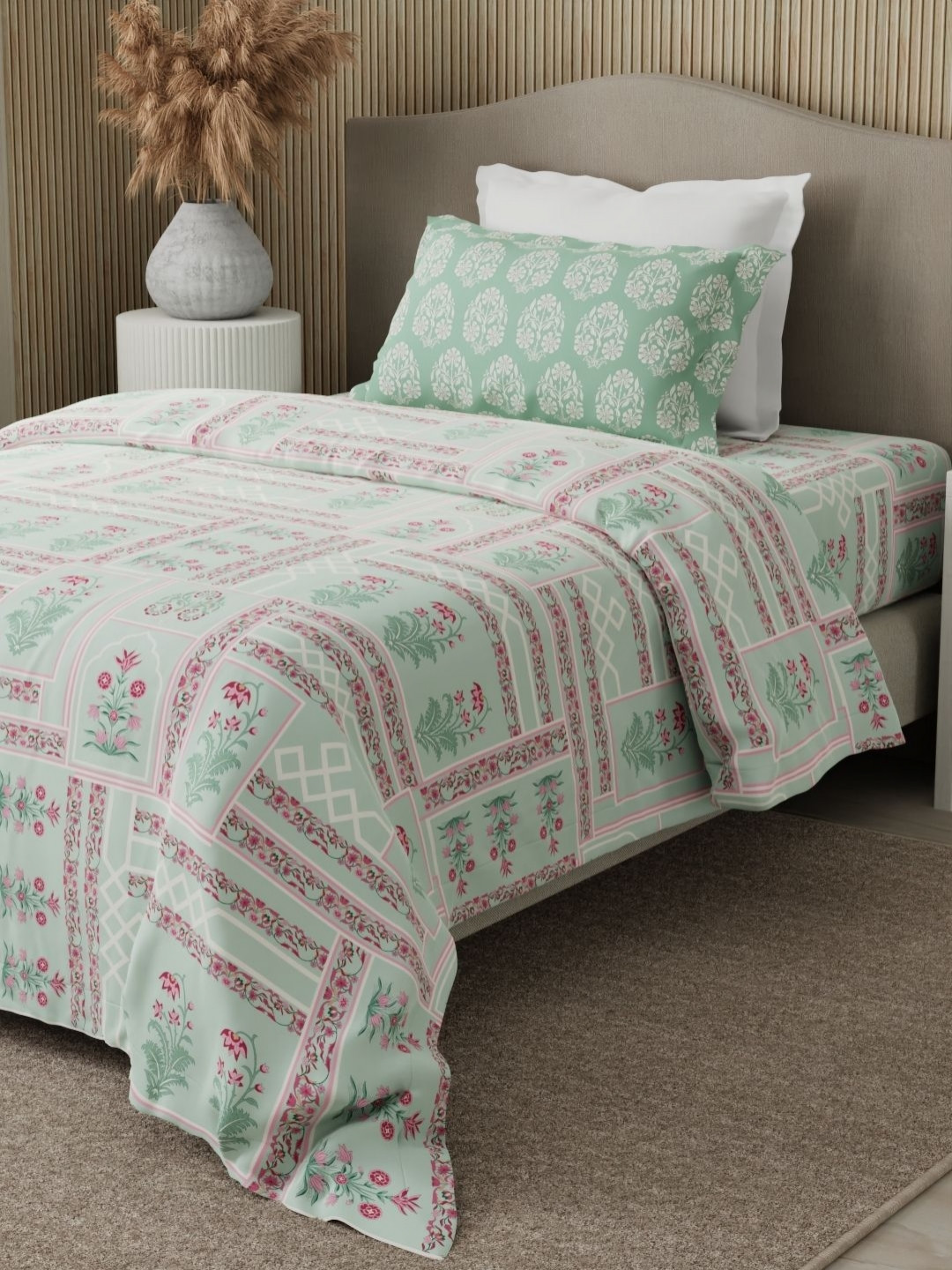 Boutique Living India Valatia Green Printed Cotton Single Bedsheet Set 2.24m x 1.52m