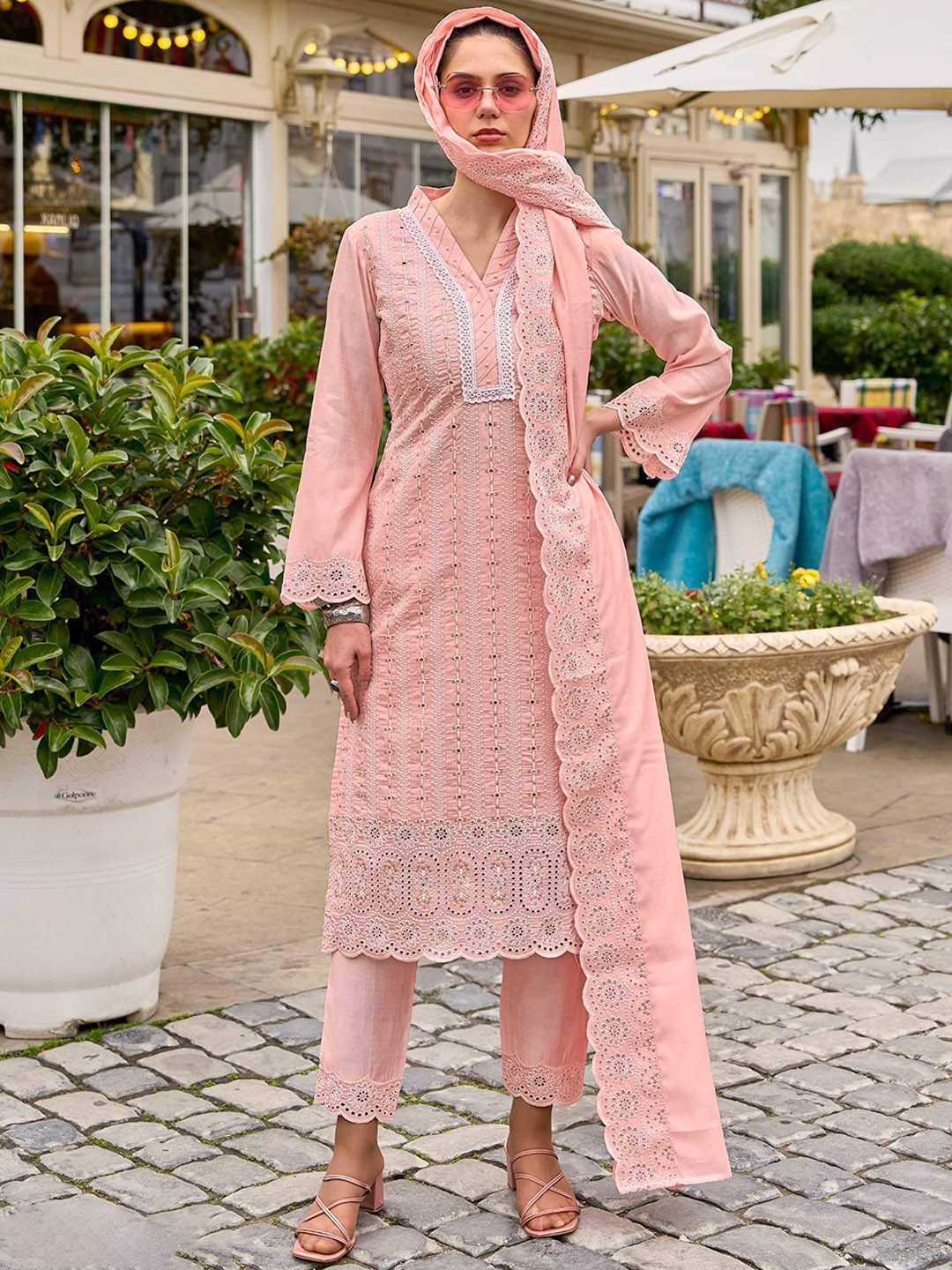 AUTUMN LANE Ayat Blossom Floral Embroidered Thread Work V-Neck Kurta & Trousers & Dupatta