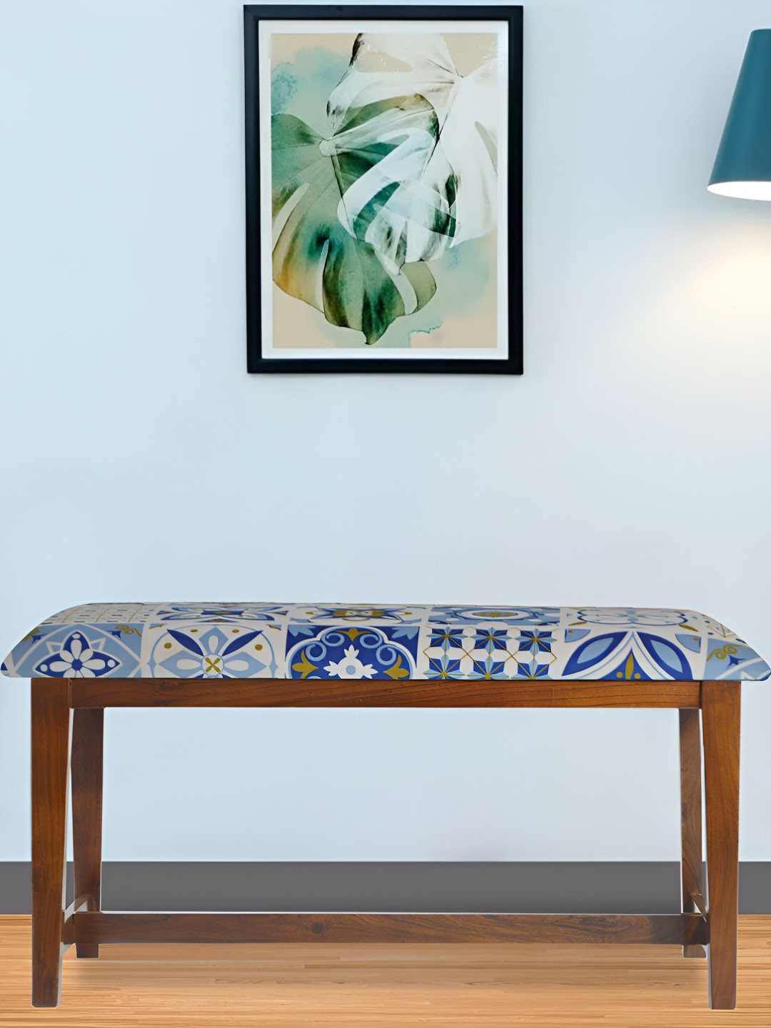 GLOBALLY INDIAN White & Blue Sheesham Wooden Cushioned Rectangle Bench