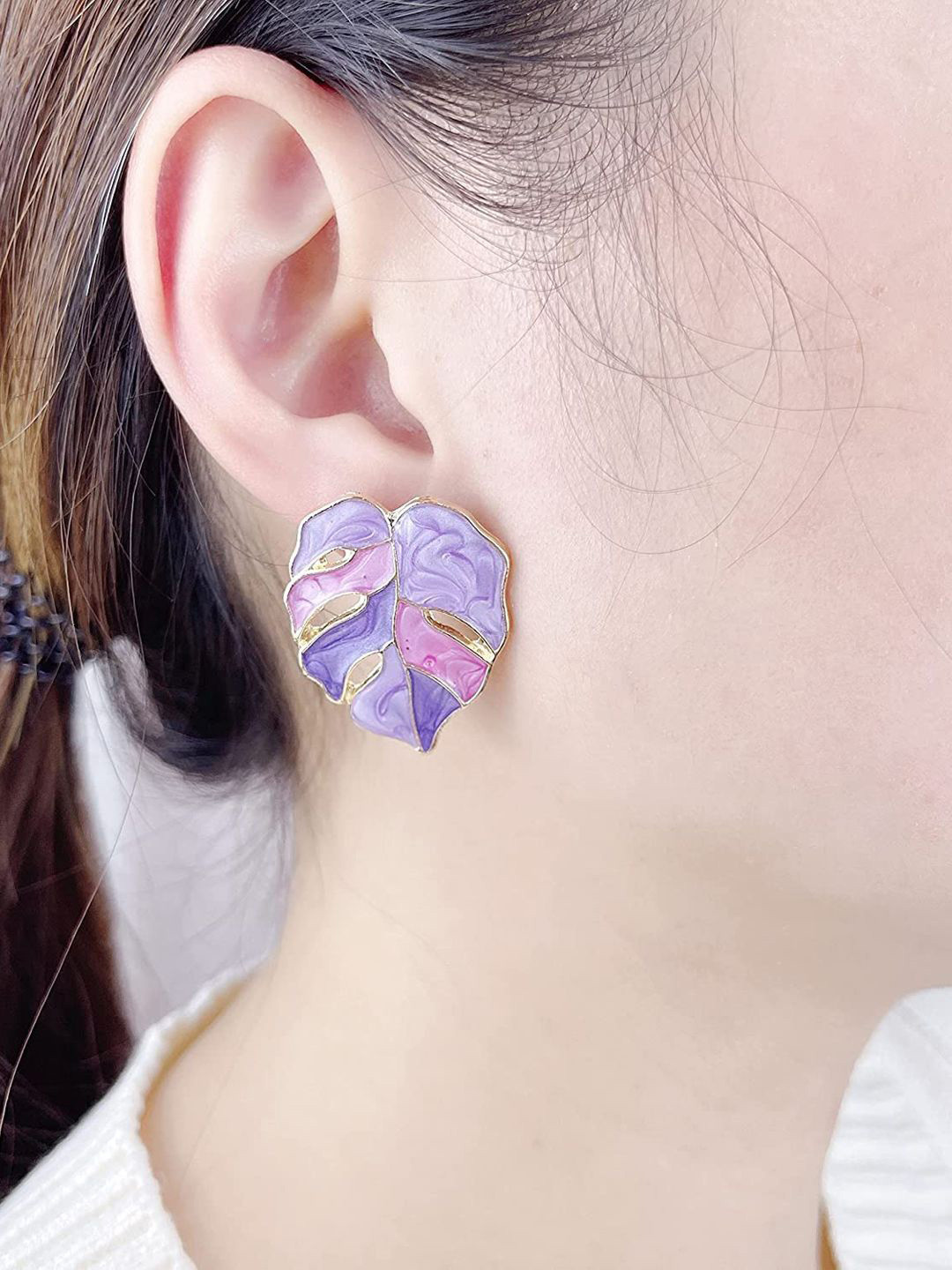 KRENOZ Gold-Plated Elegant Monstera Leaf Shaped Enamelled Drop Earrings