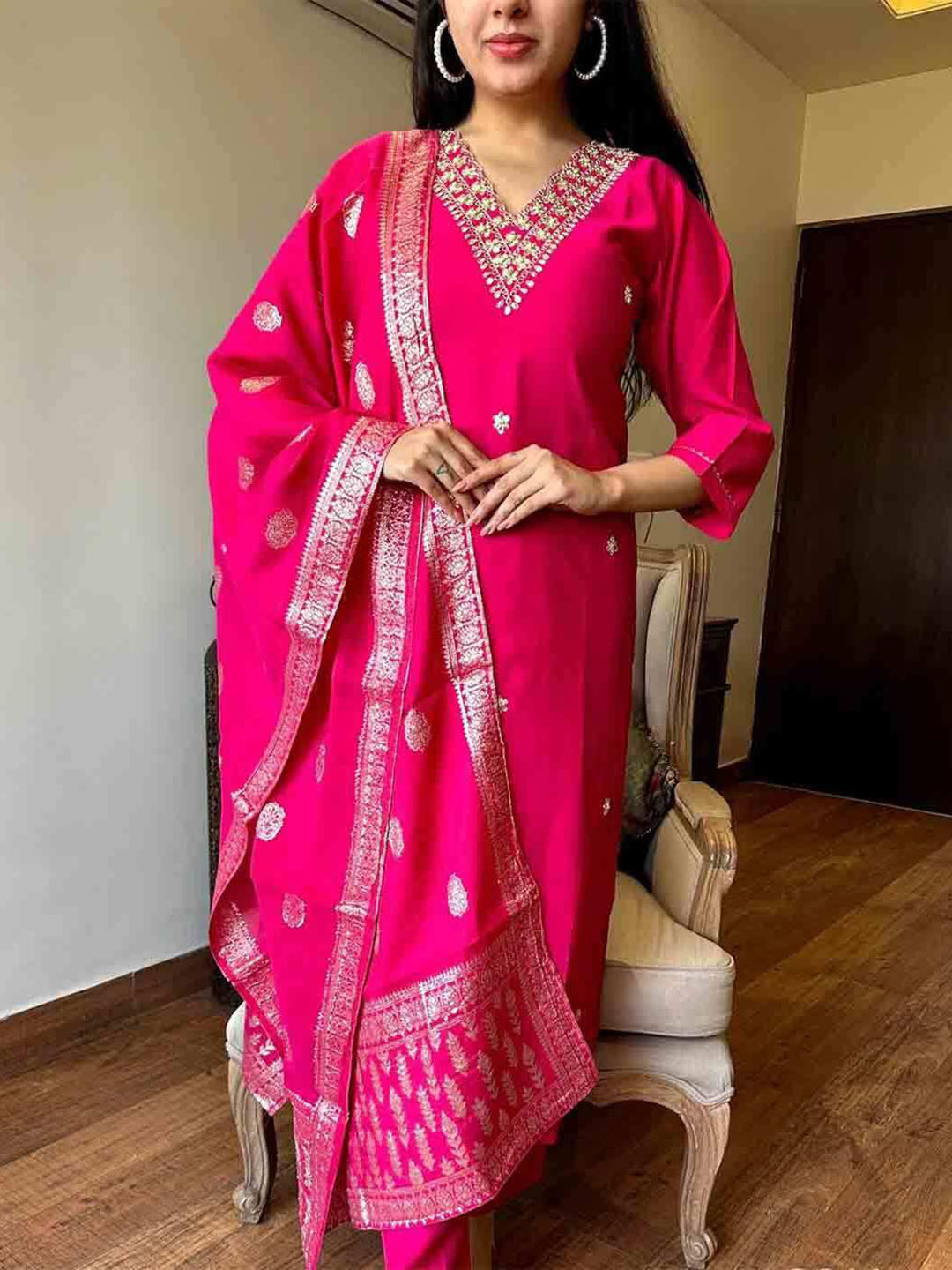 Kiana House Of Fashion Floral Embroidered Pure Cotton Kurta With Trousers & Dupatta