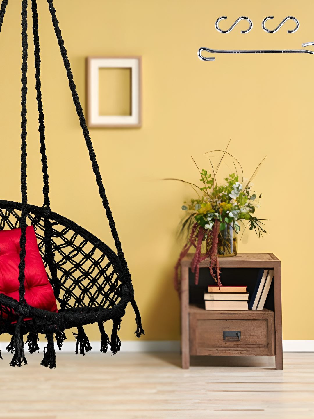 Swingzy Black & Red Cotton Rope Hanging Hammock Swing With Cushion