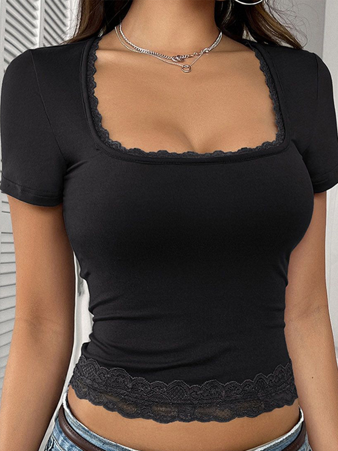 JC Mode Women Black Square Neck Top