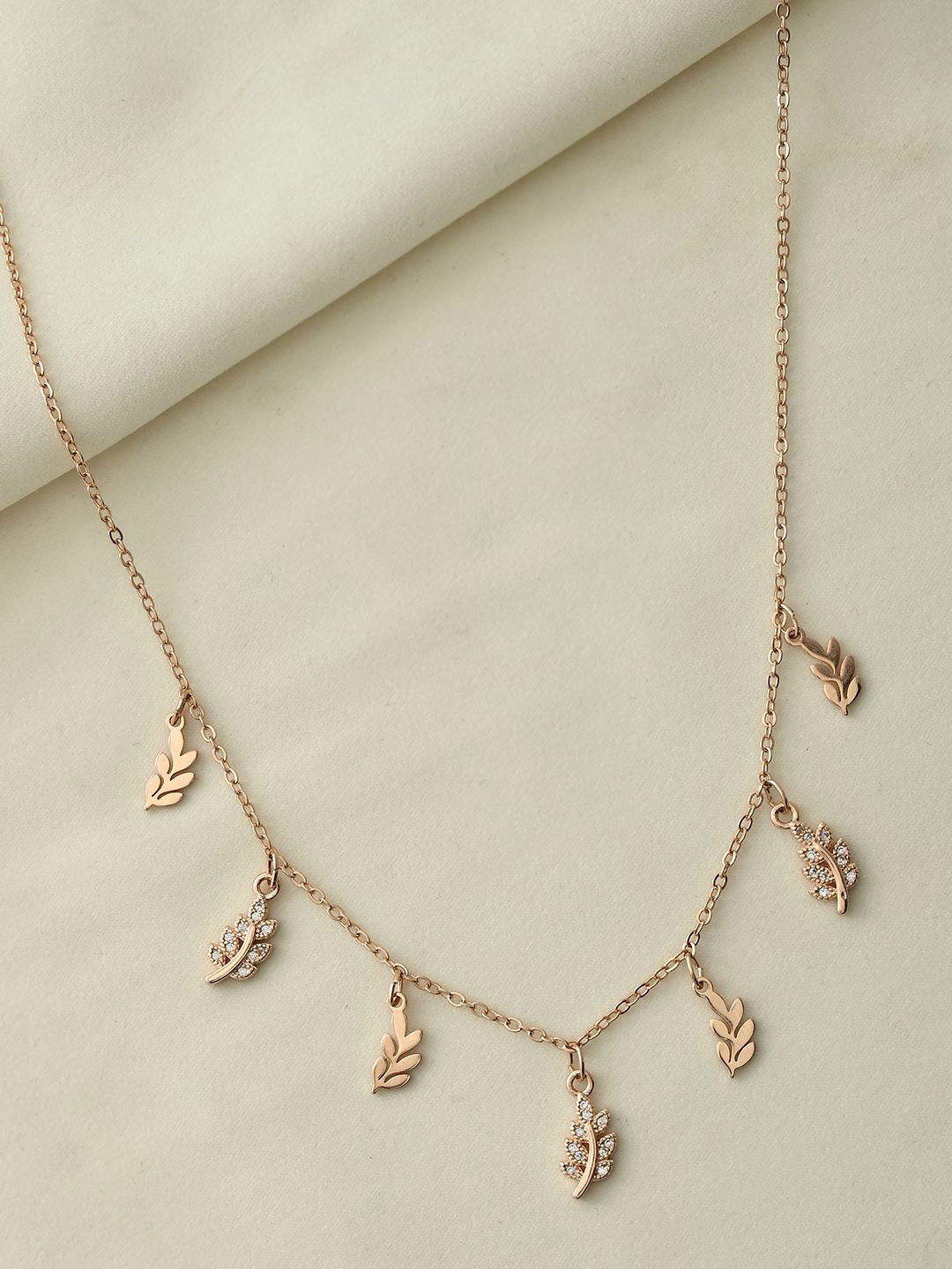 Voylla Rose Gold-Plated Stainless Steel CZ-Studded Leafy Whisper Charm Necklace