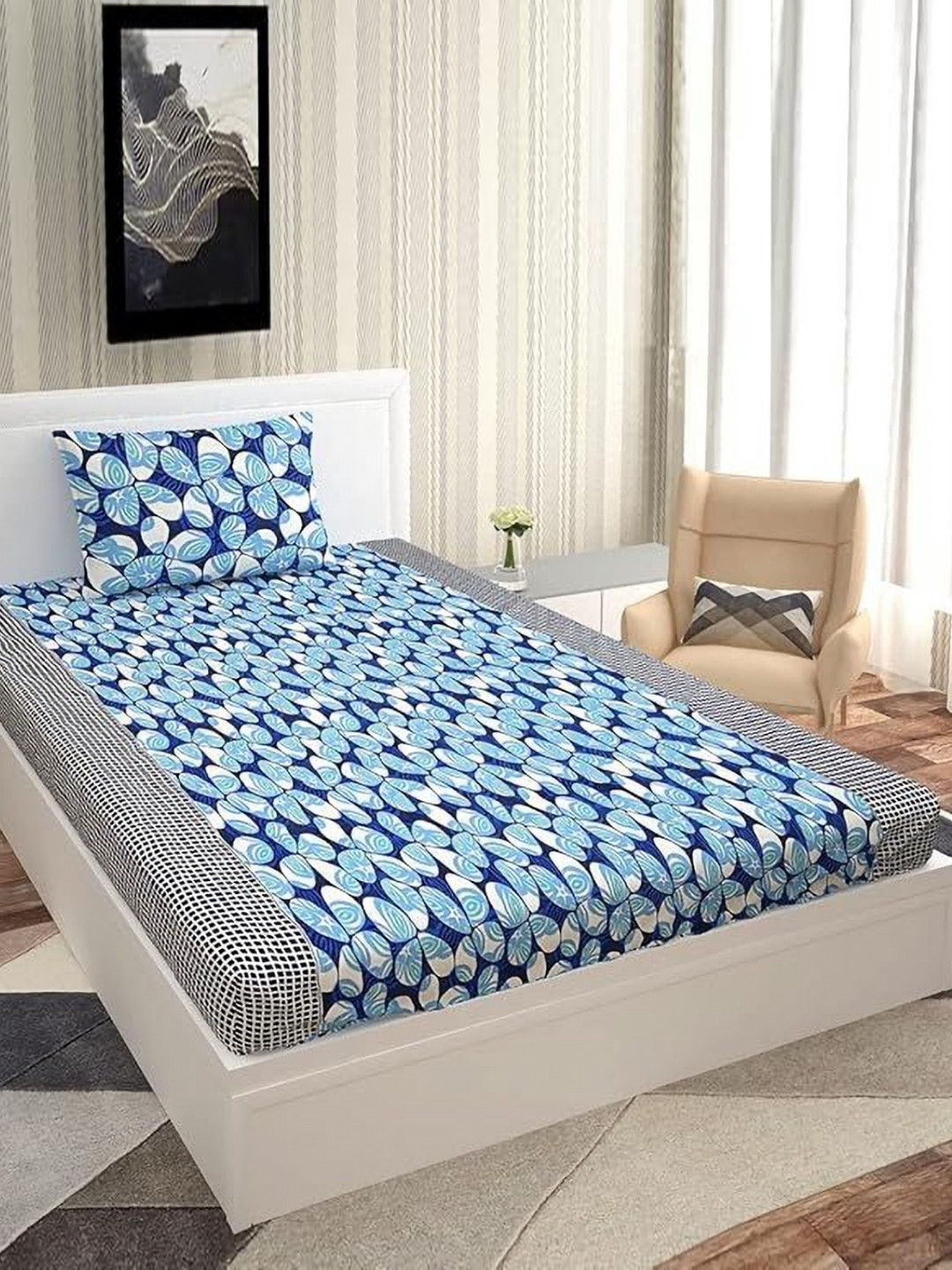 METRO LIVING Blue Floral Microfiber 140 TC Queen Bedsheet with 2 Pillow Covers-228 x 254 cm