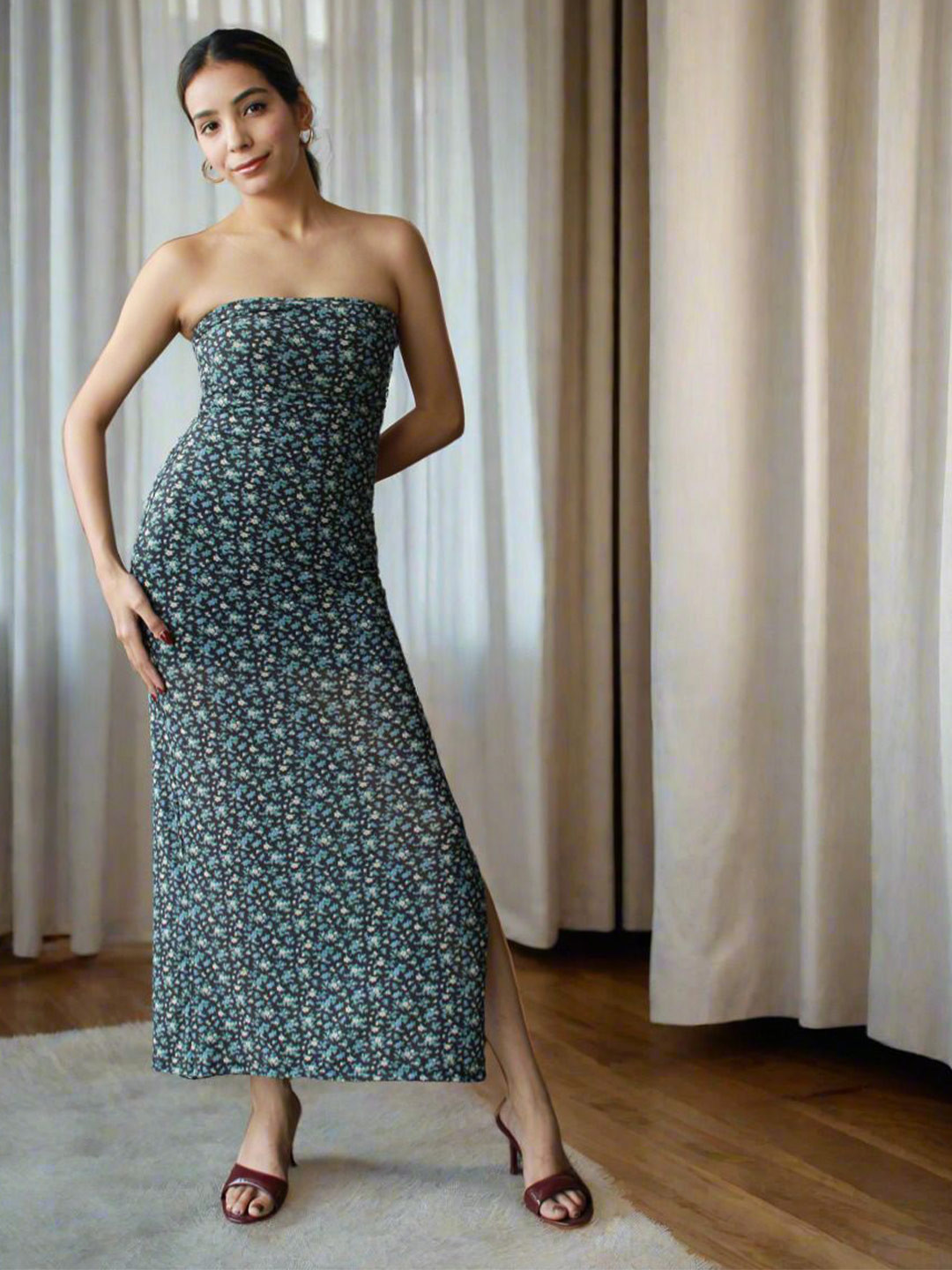 Lavaya Floral Print Off-Shoulder Net Maxi Dress