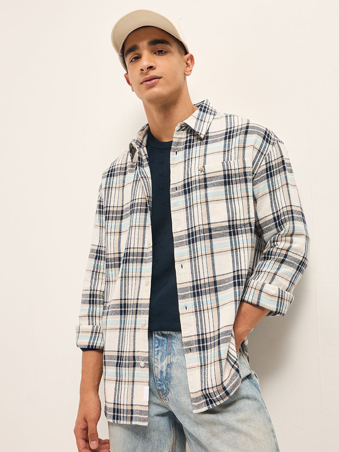 THE BEAR HOUSE Men's Pure Cotton Checked Relaxed Fit Overshirt