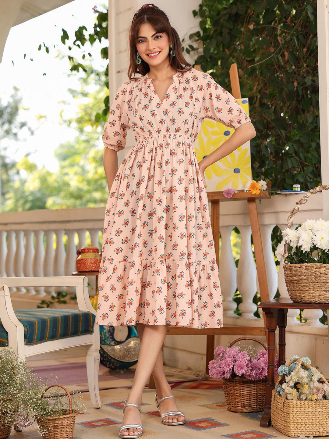 Janasya Women Peach Pure Cotton Floral Printed Tiered Ethnic Dresses